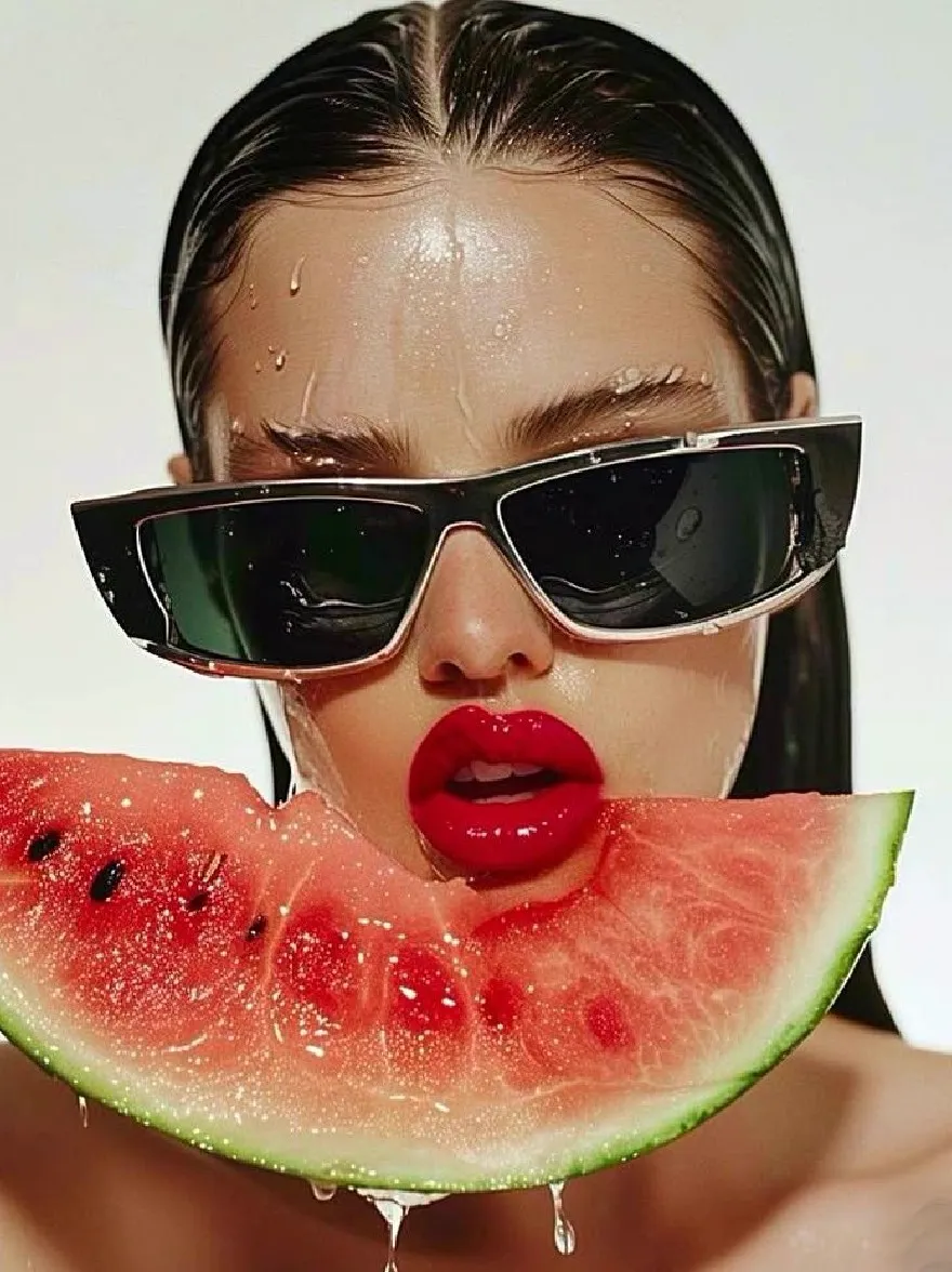 Русский промпт: Photograph of a woman with dark hair and red lipstick, wearing oversized black sunglasses, eating a slice of watermelon. She has a fair complexion and is surrounded by water droplets on her skin. The background is a plain white, and the lighting is bright and even. The woman is positioned in the center of the image, with the slice in front of her face and the watermelon in the foreground. The image has a surreal and artistic feel, with a focus on the woman's face and body. | Original prompt: Photograph of a woman with dark hair and red lipstick, wearing oversized black sunglasses, eating a slice of watermelon. She has a fair complexion and is surrounded by water droplets on her skin. The background is a plain white, and the lighting is bright and even. The woman is positioned in the center of the image, with the slice in front of her face and the watermelon in the foreground. The image has a surreal and artistic feel, with a focus on the woman's face and body.