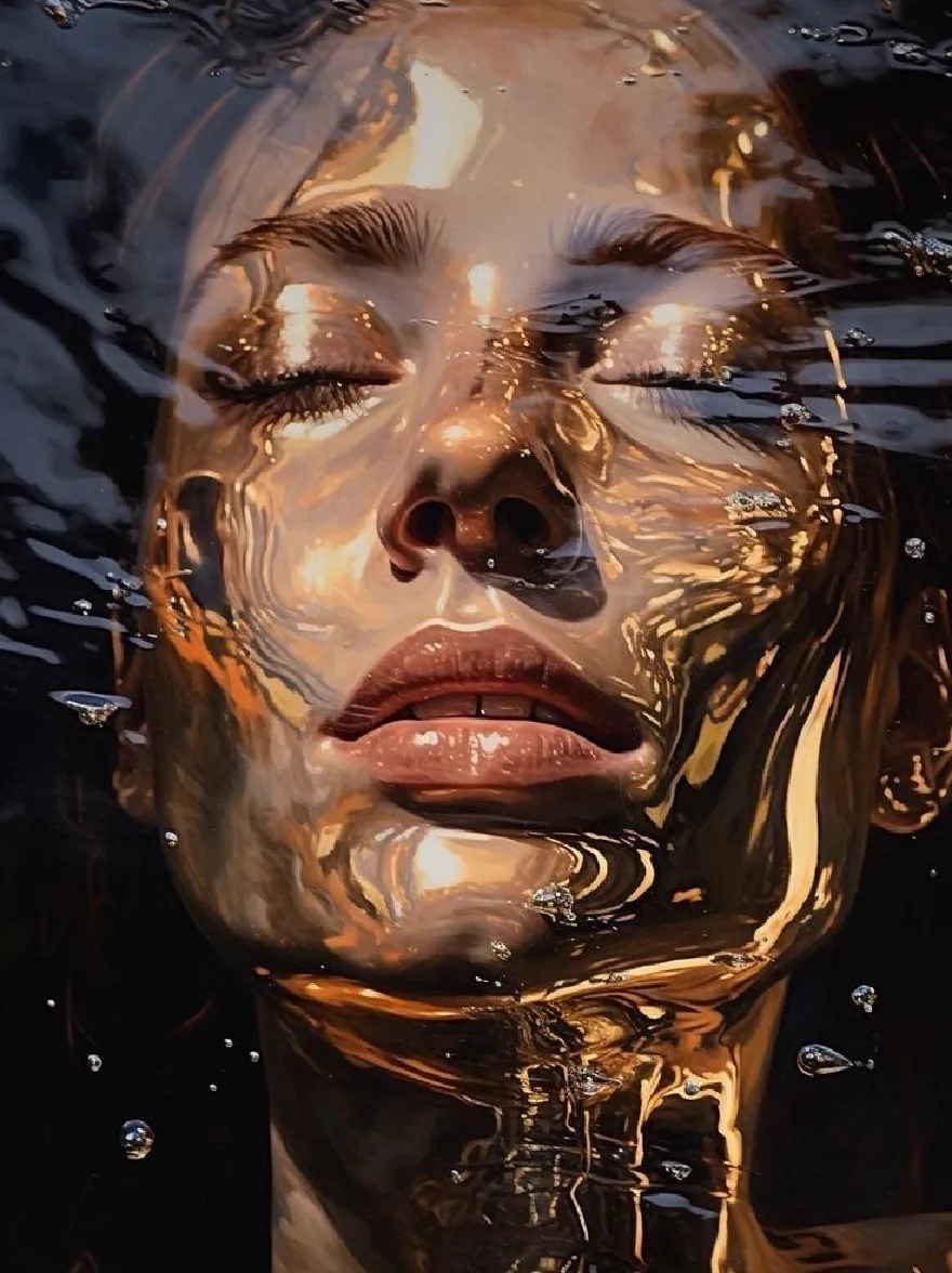 Русский промпт: A photograph of a woman's face submerged in water, with her eyes closed and her lips slightly parted. She has a shiny, golden complexion and is surrounded by bubbles. The lighting is dramatic, highlighting her features and creating a shimmering effect on her skin. The background is dark and moody, with a hint of light reflecting off the surface of the water. The woman's expression is serene and contemplative. The image has a dreamy, ethereal quality to it. | Original prompt: A photograph of a woman's face submerged in water, with her eyes closed and her lips slightly parted. She has a shiny, golden complexion and is surrounded by bubbles. The lighting is dramatic, highlighting her features and creating a shimmering effect on her skin. The background is dark and moody, with a hint of light reflecting off the surface of the water. The woman's expression is serene and contemplative. The image has a dreamy, ethereal quality to it.