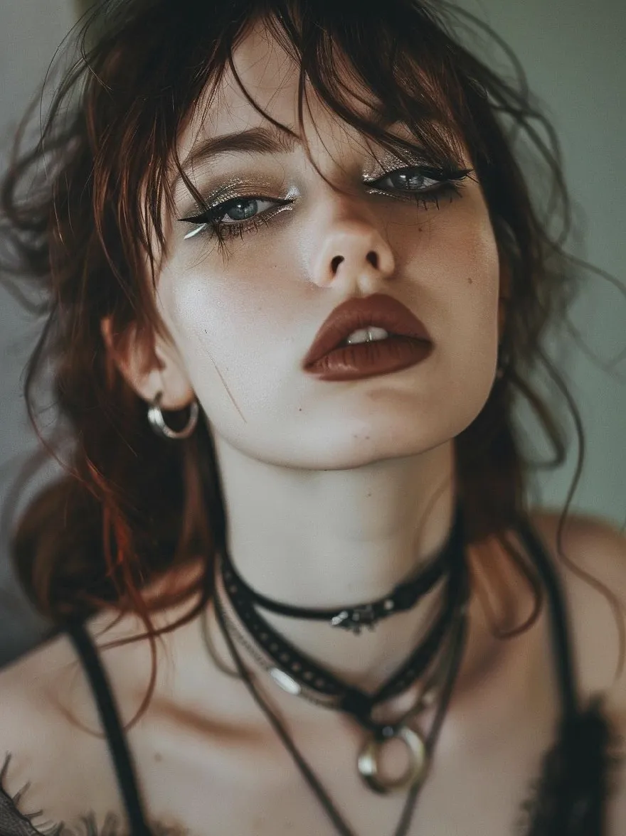 Русский промпт: Крупный портрет молодой женщины с бледной кожей, темно-рыжими волосами и драматической косметикой. У нее длинные, волнистые волосы с челкой, и она носит черный хокер с несколькими многослойными ожерельями. Ее глаза сильно выровнены с серебряной подводкой для глаз и туши, и у нее серьезное выражение. Фон размыт, но, похоже, это крытая обстановка с мягкой, приглушенной цветовой палитрой. Освещение мягкое и естественное, подчеркивая ее особенности и создавая драматический эффект. Общее настроение темное и острое. | Original prompt: A close-up portrait of a young woman with pale skin, dark red hair, and dramatic makeup. She has long, wavy hair with bangs, and is wearing a black choker with multiple layered necklaces. Her eyes are heavily lined with silver eyeliner and mascara, and she has a serious expression. The background is blurred, but it appears to be an indoor setting with a soft, muted color palette. The lighting is soft and natural, highlighting her features and creating a dramatic effect. The overall mood is dark and edgy.
