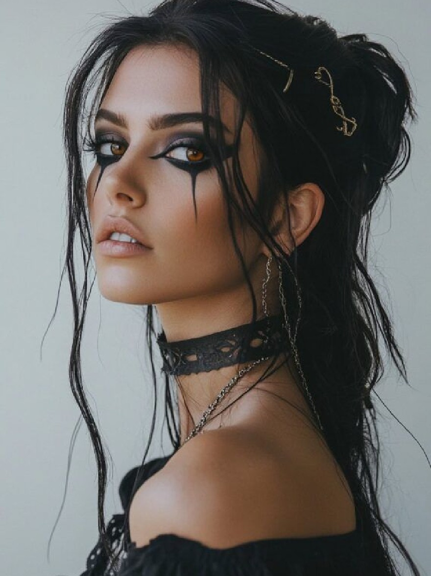 Русский промпт: Фотография молодой женщины с темными, мокрыми волосами, приготовленными в грязной булочке, в черном топе с открытыми плечами и черным кружевным хокером. У нее бледный цвет лица, темный макияж глаз с черной подводкой для глаз и золотые волосы в волосах. Ее губы слегка расстались, и у нее серьезное выражение. Фон - простой, светло -серый цвет. Освещение мягкое и естественное, подчеркивая ее черты. Общее настроение таинственное и острое. | Original prompt: Photo of a young woman with dark, wet hair styled in a messy bun, wearing a black off-the-shoulder top and a black lace choker. She has a pale complexion, dark eye makeup with black eyeliner and a gold hair clip in her hair. Her lips are slightly parted, and she has a serious expression. The background is a plain, light grey color. The lighting is soft and natural, highlighting her features. The overall mood is mysterious and edgy.