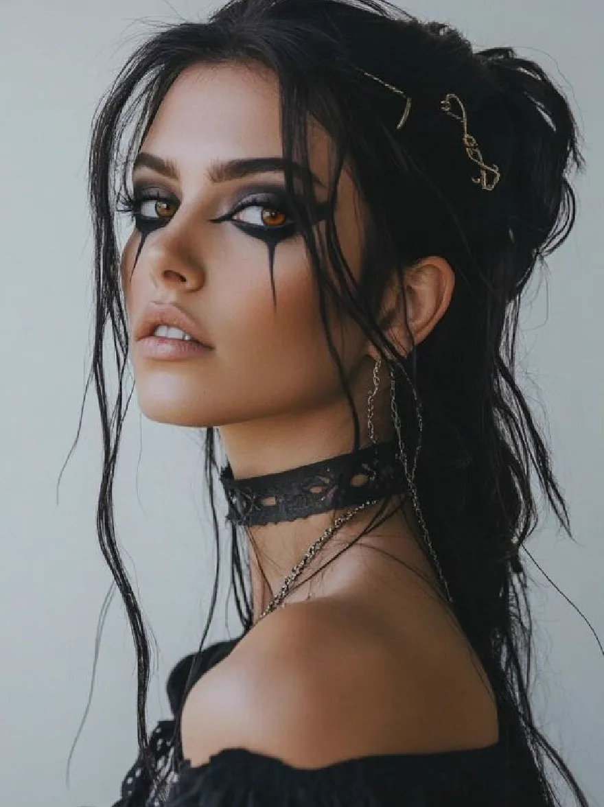 Русский промпт: Фотография молодой женщины с темными, мокрыми волосами, приготовленными в грязной булочке, в черном топе с открытыми плечами и черным кружевным хокером. У нее бледный цвет лица, темный макияж глаз с черной подводкой для глаз и золотые волосы в волосах. Ее губы слегка расстались, и у нее серьезное выражение. Фон - простой, светло -серый цвет. Освещение мягкое и естественное, подчеркивая ее черты. Общее настроение таинственное и острое. | Original prompt: Photo of a young woman with dark, wet hair styled in a messy bun, wearing a black off-the-shoulder top and a black lace choker. She has a pale complexion, dark eye makeup with black eyeliner and a gold hair clip in her hair. Her lips are slightly parted, and she has a serious expression. The background is a plain, light grey color. The lighting is soft and natural, highlighting her features. The overall mood is mysterious and edgy.