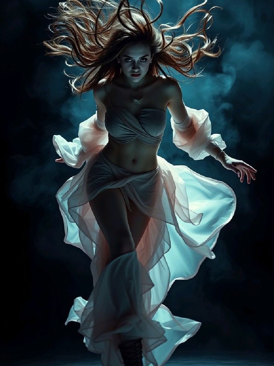Русский промпт: Цифровая картина женщины с длинными, простыми каштановыми волосами, в белом, чистом платье, которое доходит до ее лодыжек. У нее бледная кожа, темные глаза и стройное телосложение. Фон темный с оттенком дыма, создавая таинственную и эфирную атмосферу. Освещение драматично, подчеркивая ее изгибы и текстуру ее платья. Стиль темный и капризный, с акцентом на движения и выражение женщины. | Original prompt: A digital painting of a woman with long, flowing brown hair, wearing a white, sheer dress that reaches down to her ankles. She has pale skin, dark eyes, and a slender physique. The background is dark with a hint of smoke, creating a mysterious and ethereal atmosphere. The lighting is dramatic, highlighting her curves and the texture of her dress. The style is dark and moody, with a focus on the woman's movements and expression.