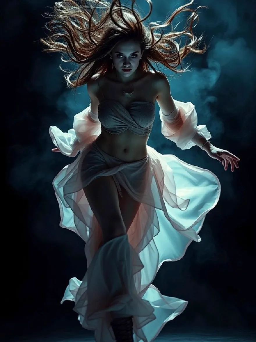 Русский промпт: Цифровая картина женщины с длинными, простыми каштановыми волосами, в белом, чистом платье, которое доходит до ее лодыжек. У нее бледная кожа, темные глаза и стройное телосложение. Фон темный с оттенком дыма, создавая таинственную и эфирную атмосферу. Освещение драматично, подчеркивая ее изгибы и текстуру ее платья. Стиль темный и капризный, с акцентом на движения и выражение женщины. | Original prompt: A digital painting of a woman with long, flowing brown hair, wearing a white, sheer dress that reaches down to her ankles. She has pale skin, dark eyes, and a slender physique. The background is dark with a hint of smoke, creating a mysterious and ethereal atmosphere. The lighting is dramatic, highlighting her curves and the texture of her dress. The style is dark and moody, with a focus on the woman's movements and expression.