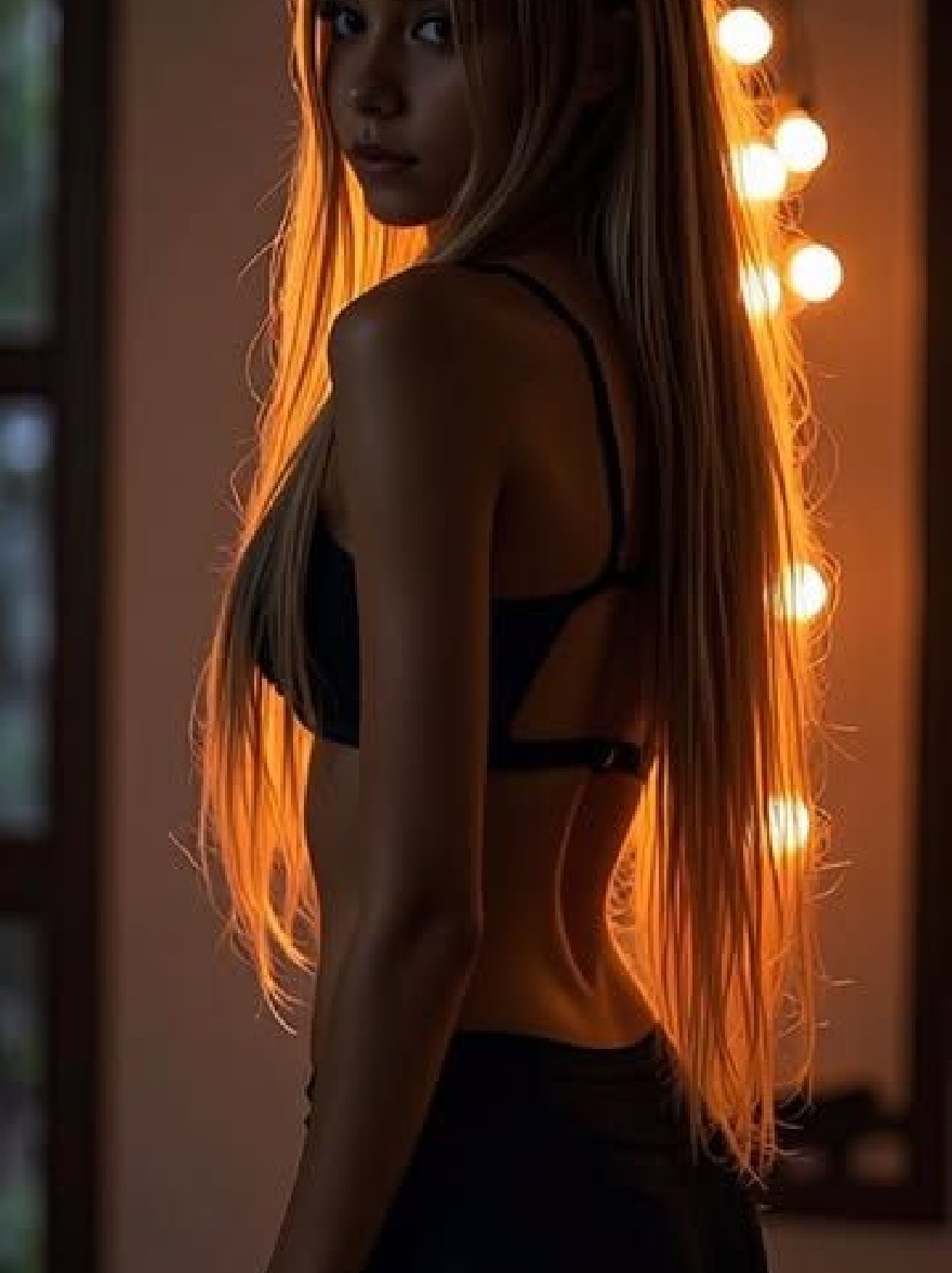 Русский промпт: Фотография молодой женщины с длинными прямыми светлыми волосами, в черном бюстгальтере и подходящих трусиках, стоящей в тускло освещенной комнате с теплыми светящимися огнями. Она с серьезным выражением выходит от камеры, оглядываясь через плечо. Освещение мягкое и теплое, создавая уютную атмосферу. Фон размыт, но это кажется внутренним настройкой с окном слева. Изображение высококачественное и имеет водяной знак в правом нижнем углу. | Original prompt: Photo of a young woman with long, straight, blonde hair, wearing a black bra and matching panties, standing in a dimly lit room with warm, glowing lights. She is facing away from the camera, looking over her shoulder with a serious expression. The lighting is soft and warm, creating a cozy atmosphere. The background is blurred, but it appears to be an indoor setting with a window on the left. The image is high quality and has a watermark in the bottom right corner.