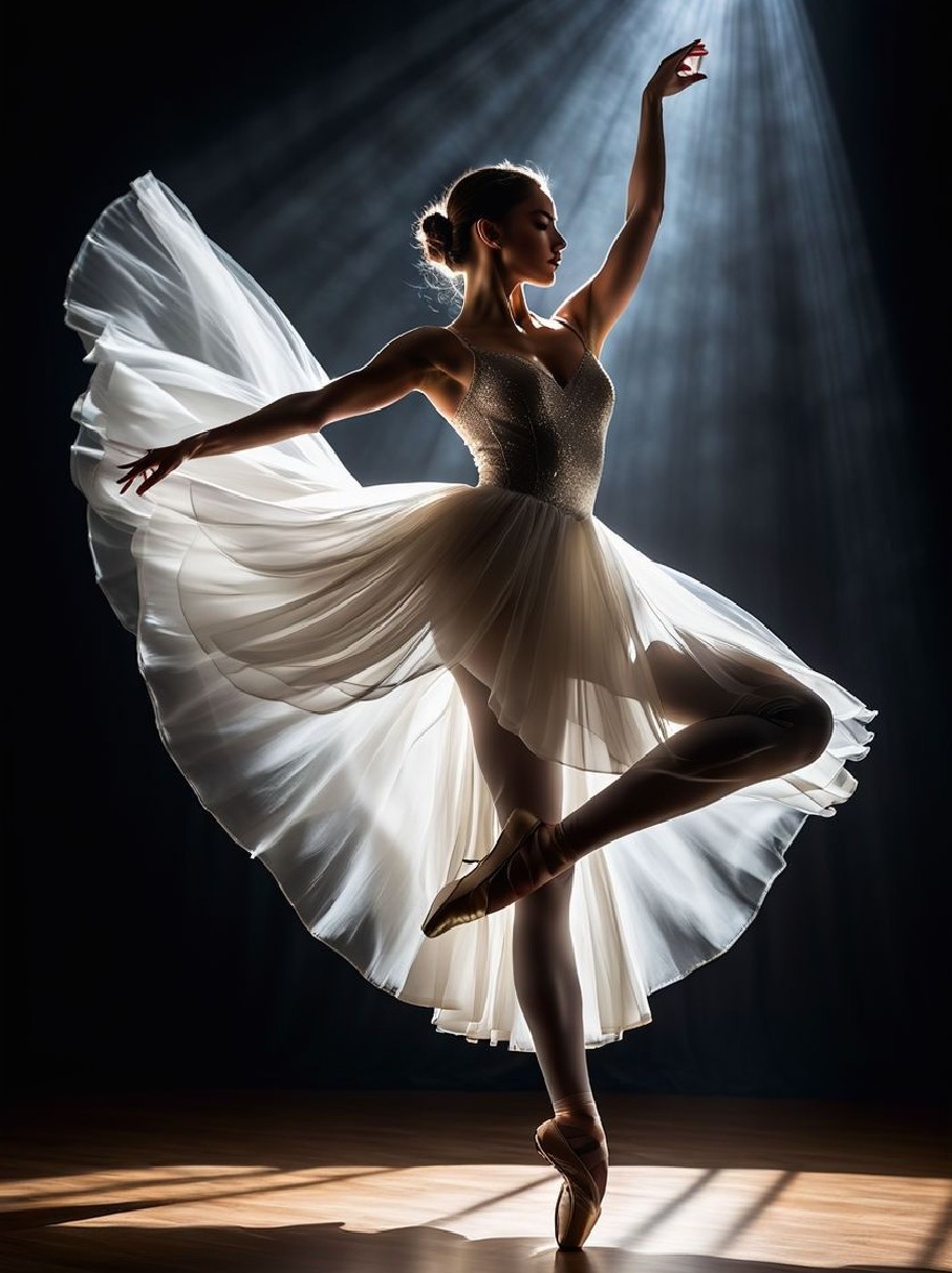 Русский промпт: Фотография балерины в изящной позе с белой пачкой и пуантами. Она стоит на одной ноге, с ее руками вытянуты вверх, а голова слегка наклонилась в сторону. Освещение драматичное, с лучами света, сияющими на ней, создавая драматический эффект. Фон темный, что позволяет танцовщице выделиться в центре рамы. Изображение имеет высококачественное, профессиональное чувство с акцентом на грациозные движения танцора. | Original prompt: A photograph of a ballerina in a graceful pose, wearing a white tutu and pointe shoes. She is standing on one leg, with her arms stretched upwards, and her head tilted slightly to the side. The lighting is dramatic, with rays of light shining down on her, creating a dramatic effect. The background is dark, allowing the dancer to stand out in the center of the frame. The image has a high-quality, professional feel with a focus on the dancer's graceful movements.