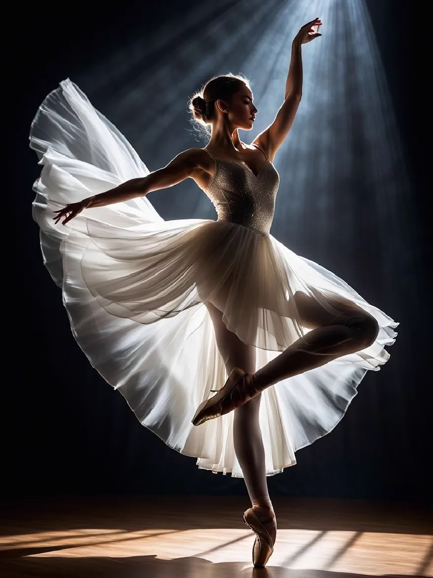 Русский промпт: Фотография балерины в изящной позе с белой пачкой и пуантами. Она стоит на одной ноге, с ее руками вытянуты вверх, а голова слегка наклонилась в сторону. Освещение драматичное, с лучами света, сияющими на ней, создавая драматический эффект. Фон темный, что позволяет танцовщице выделиться в центре рамы. Изображение имеет высококачественное, профессиональное чувство с акцентом на грациозные движения танцора. | Original prompt: A photograph of a ballerina in a graceful pose, wearing a white tutu and pointe shoes. She is standing on one leg, with her arms stretched upwards, and her head tilted slightly to the side. The lighting is dramatic, with rays of light shining down on her, creating a dramatic effect. The background is dark, allowing the dancer to stand out in the center of the frame. The image has a high-quality, professional feel with a focus on the dancer's graceful movements.