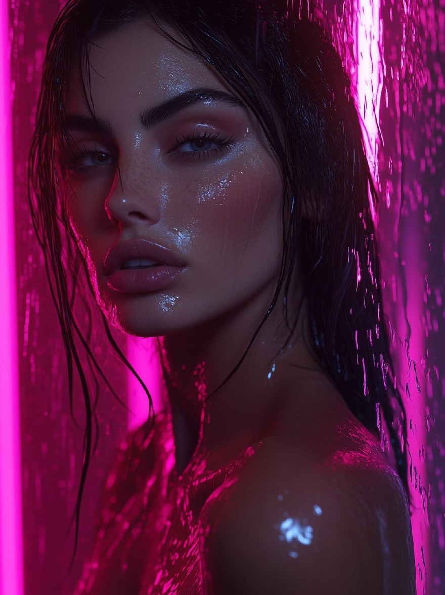 Русский промпт: Фотография красивой женщины с темной кожей и длинными мокрыми черными волосами, стоящая перед розовым неоновым светом. У нее серьезное выражение, когда ее глаза смотрят прямо на камеру. Ее кожа блестят с каплями воды, и она носит минимальный макияж. Освещение драматичное, с розовыми и фиолетовыми оттенками, плавно смешиваясь на задний план. Изображение имеет мечтательное, эфирное качество, с акцентом на естественную красоту женщины. | Original prompt: Photo of a beautiful woman with dark skin and long, wet black hair, standing in front of a pink neon light. She has a serious expression, with her eyes looking directly at the camera. Her skin is glistening with water droplets, and she is wearing minimal makeup. The lighting is dramatic, with the pink and purple hues blending seamlessly into the background. The image has a dreamy, ethereal quality, with a focus on the woman's natural beauty.