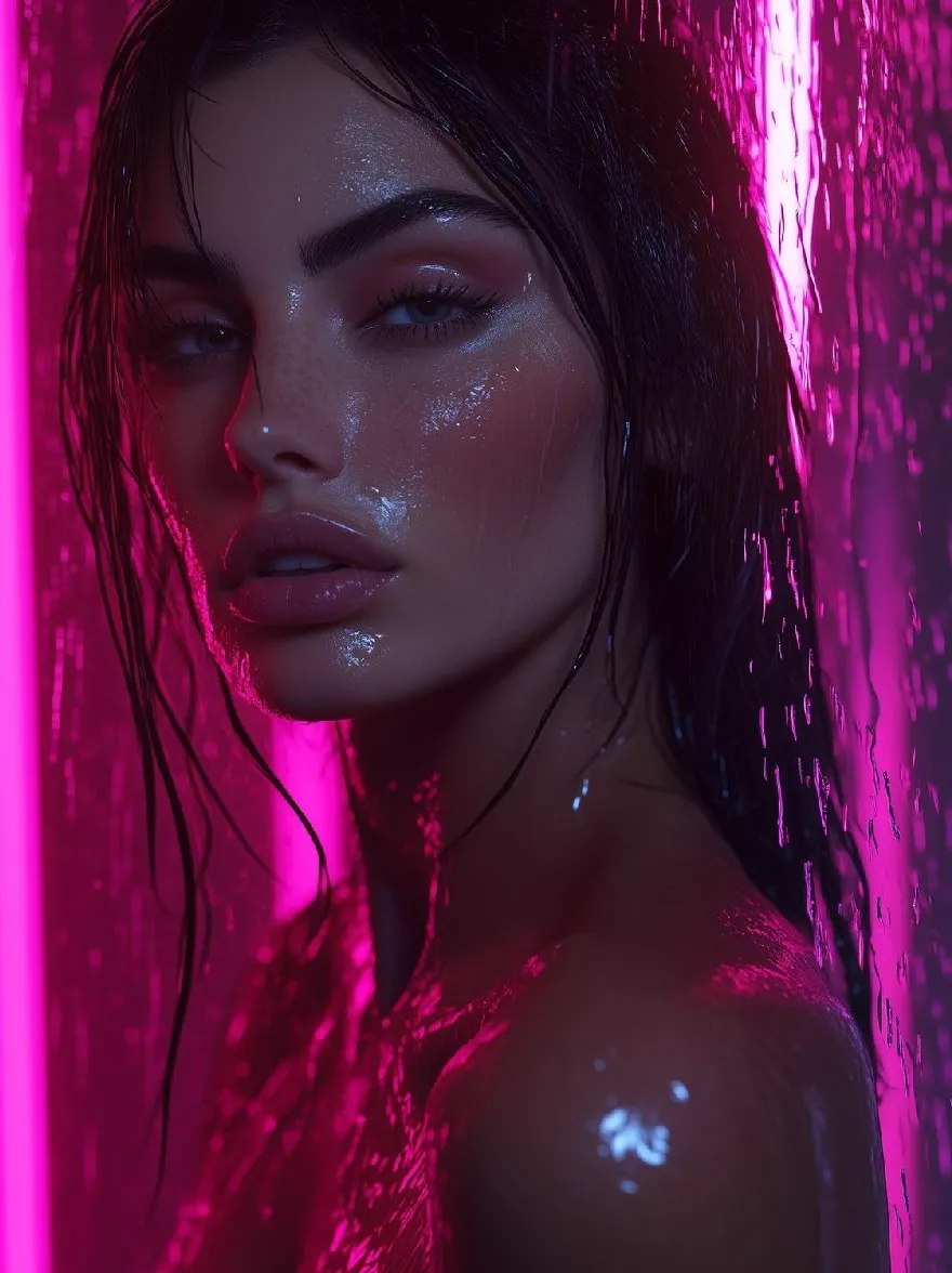 Русский промпт: Фотография красивой женщины с темной кожей и длинными мокрыми черными волосами, стоящая перед розовым неоновым светом. У нее серьезное выражение, когда ее глаза смотрят прямо на камеру. Ее кожа блестят с каплями воды, и она носит минимальный макияж. Освещение драматичное, с розовыми и фиолетовыми оттенками, плавно смешиваясь на задний план. Изображение имеет мечтательное, эфирное качество, с акцентом на естественную красоту женщины. | Original prompt: Photo of a beautiful woman with dark skin and long, wet black hair, standing in front of a pink neon light. She has a serious expression, with her eyes looking directly at the camera. Her skin is glistening with water droplets, and she is wearing minimal makeup. The lighting is dramatic, with the pink and purple hues blending seamlessly into the background. The image has a dreamy, ethereal quality, with a focus on the woman's natural beauty.