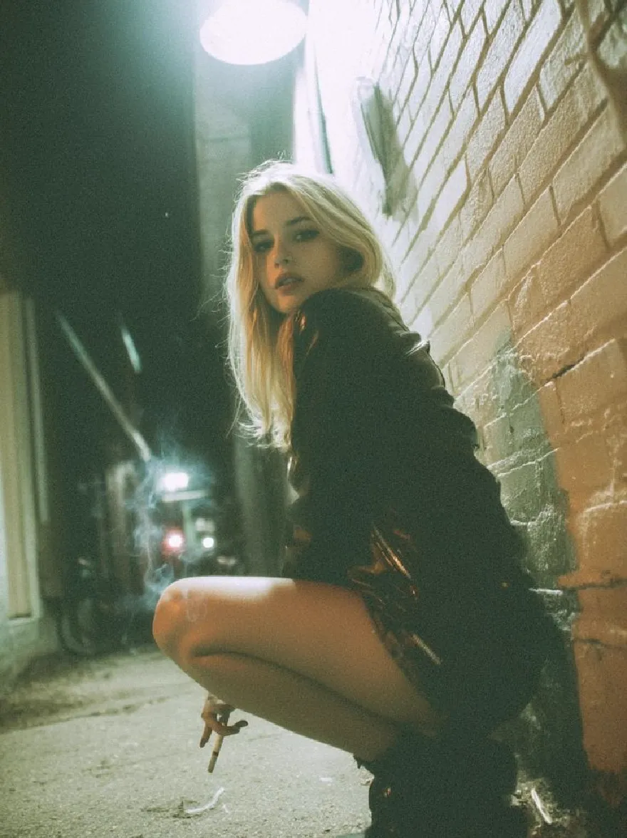 Русский промпт: Молодая женщина с длинными светлыми волосами, приседая на сантиме на кирпичной стене в переулке ночью, курив сигарету. Она носит черную куртку и блестящую черную юбку, а освещение тусклое, создавая капризную атмосферу. Фон размыта, но, похоже, это городская обстановка с уличным светом, освещающим сцену. У женщины серьезное выражение и смотрит прямо на камеру. | Original prompt: A young woman with long blonde hair, squatting against a brick wall in an alleyway at night, smoking a cigarette. She is wearing a black jacket and a shiny black skirt, and the lighting is dim, creating a moody atmosphere. The background is blurred, but it appears to be an urban setting with a streetlight illuminating the scene. The woman has a serious expression and is looking directly at the camera.