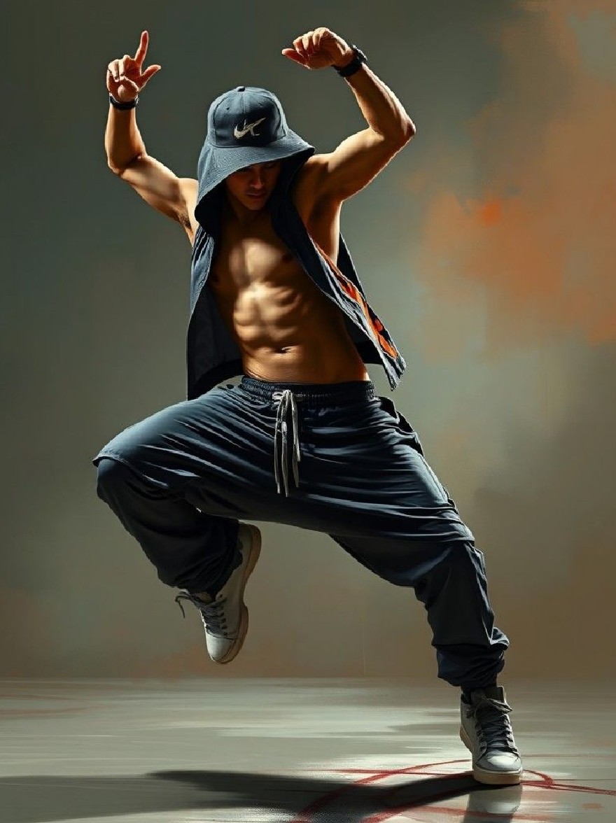 Русский промпт: Фотография мускулистого человека в позе танцев хип -хопа, одетый в капюшону и темно -синие спортивные штаны. Он стоит посреди кадра, а руки поднялись в знаке победы. Фон представляет собой градиент теплых цветов, с баскетбольной площадкой на переднем плане. Освещение драматичное, отбрасывая тени на земле. У человека есть тонированное телосложение и носит белые кроссовки. Общее настроение энергично и динамично. | Original prompt: Photo of a muscular man in a hip hop dance pose, wearing a Nike hoodie and dark blue sweatpants. He is standing in the middle of the frame, with his arms raised in a victory sign. The background is a gradient of warm colors, with a basketball court in the foreground. The lighting is dramatic, casting shadows on the ground. The man has a toned physique and is wearing white sneakers. The overall mood is energetic and dynamic.