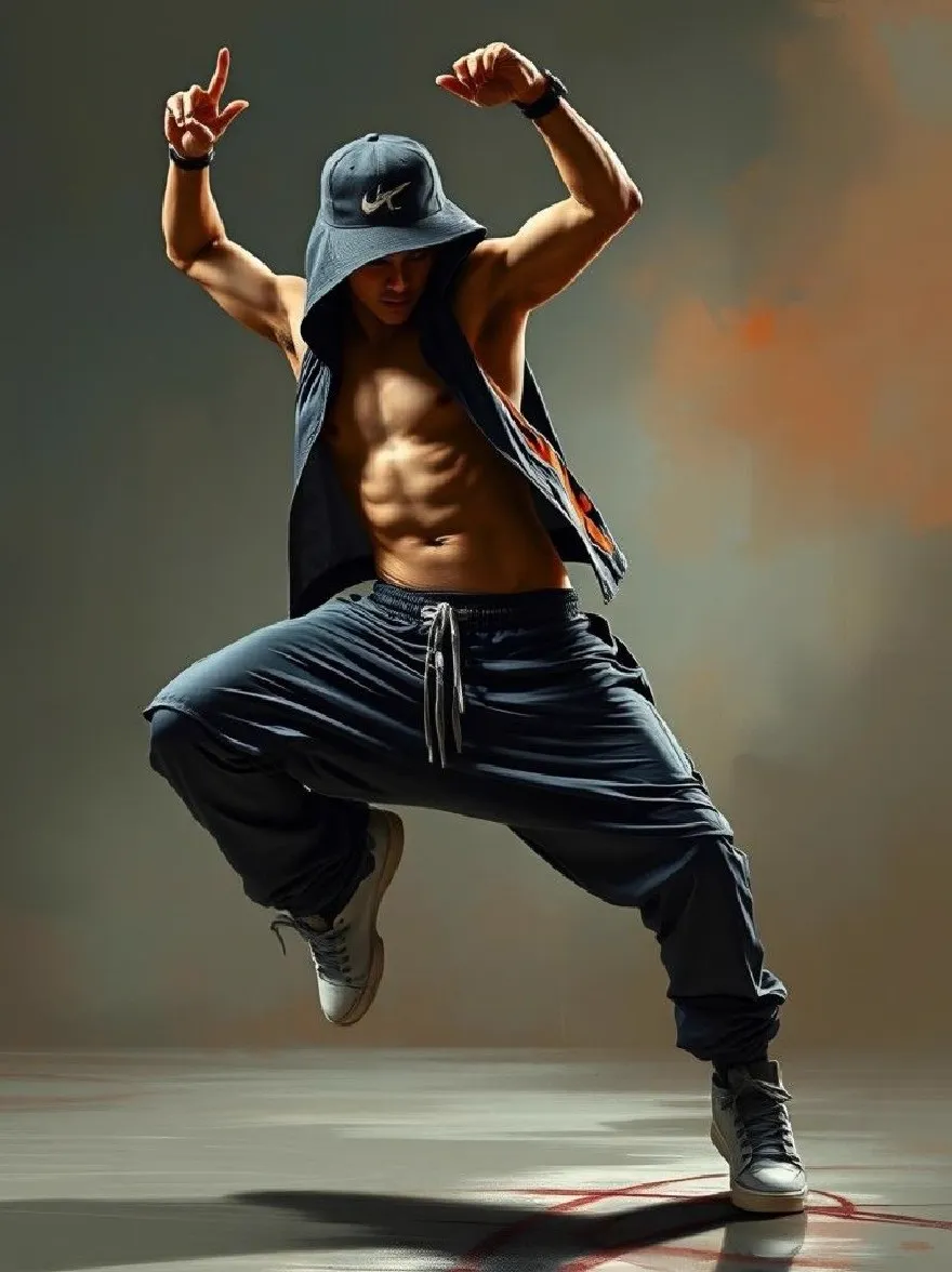 Русский промпт: Фотография мускулистого человека в позе танцев хип -хопа, одетый в капюшону и темно -синие спортивные штаны. Он стоит посреди кадра, а руки поднялись в знаке победы. Фон представляет собой градиент теплых цветов, с баскетбольной площадкой на переднем плане. Освещение драматичное, отбрасывая тени на земле. У человека есть тонированное телосложение и носит белые кроссовки. Общее настроение энергично и динамично. | Original prompt: Photo of a muscular man in a hip hop dance pose, wearing a Nike hoodie and dark blue sweatpants. He is standing in the middle of the frame, with his arms raised in a victory sign. The background is a gradient of warm colors, with a basketball court in the foreground. The lighting is dramatic, casting shadows on the ground. The man has a toned physique and is wearing white sneakers. The overall mood is energetic and dynamic.