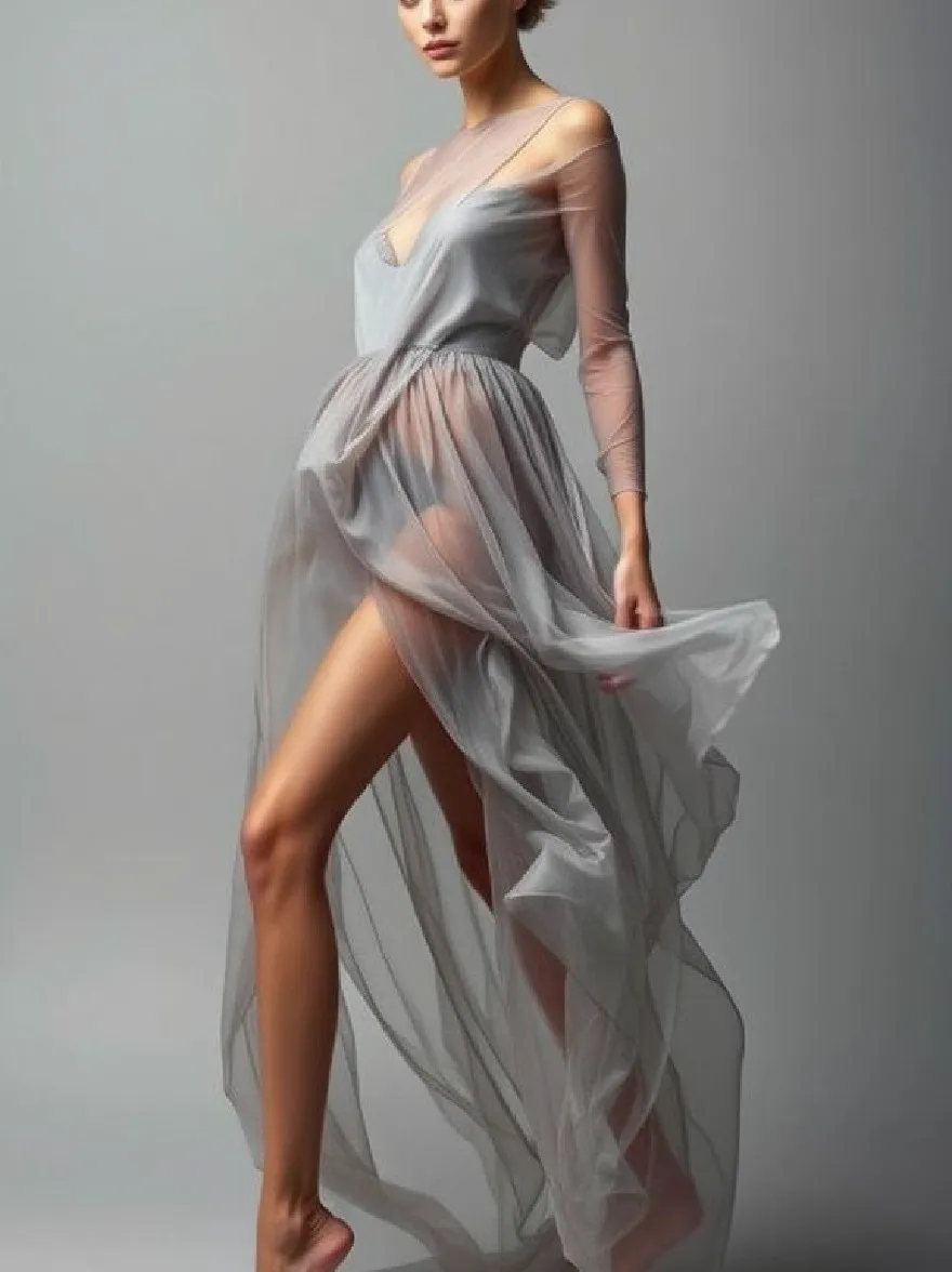 Русский промпт: Фотография женщины, которая уверенно стояла с ногами, слегка друг от друга, одетый в чистое, светло -серое платье с длинными рукавами и погружающееся вырез. Платье изготовлено из чистой ткани, которая элегантно драпируется вокруг ее тела, подчеркивая ее изгибы. У нее короткие, темные волосы, приготовленные в гладком, прямой образе. Фон - простой, приглушенный серый, обеспечивающий тонкий контраст с ее бледной кожей. Освещение мягкое и естественное, подчеркивая ее нежные черты и чистую ткань платья. Изображение имеет минималистское, художественное ощущение, с акцентом на фигуру женщины и текстуру ткани. | Original prompt: A photograph of a woman standing confidently with her legs slightly apart, wearing a sheer, light grey dress with long sleeves and a plunging neckline. The dress is made of sheer fabric that drapes elegantly around her body, accentuating her curves. She has short, dark hair styled in a sleek, straight look. The background is a plain, muted grey, providing a subtle contrast to her pale skin. The lighting is soft and natural, highlighting her delicate features and the sheer fabric of the dress. The image has a minimalist, artistic feel to it, with a focus on the woman's figure and the texture of the fabric.