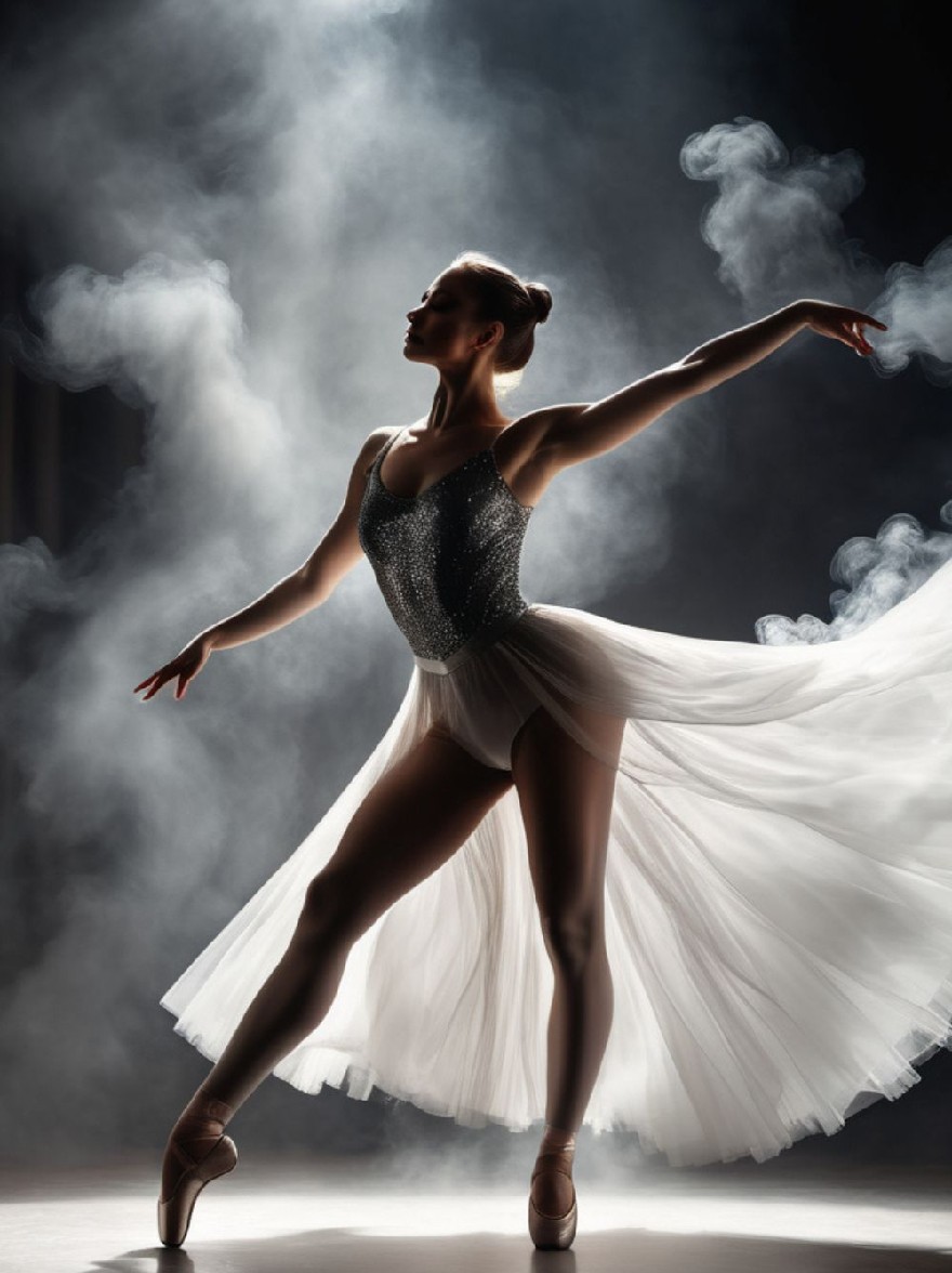 Русский промпт: Фотография молодой балерины в изящной позе, одетый в серебряный купальник с блестками и белую юбку из тюля, которая течет за ней. Она стоит на одной ноге, с ее руками вытянутыми по бокам, а голова слегка наклонилась вверх. Освещение драматично, с дымной дымкой, окружающей ее. Фон темный, создавая драматический контраст с изящными движениями танцора. Изображение имеет высококачественное, профессиональное чувство. | Original prompt: Photo of a young ballerina in a graceful pose, wearing a silver sequined leotard and a white tulle skirt that flows behind her. She is standing on one leg, with her arms stretched out to the sides, and her head tilted slightly upwards. The lighting is dramatic, with a smoky haze surrounding her. The background is dark, creating a dramatic contrast with the dancer's graceful movements. The image has a high-quality, professional feel.