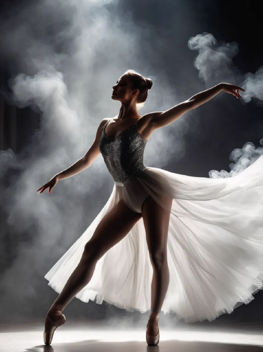 Русский промпт: Фотография молодой балерины в изящной позе, одетый в серебряный купальник с блестками и белую юбку из тюля, которая течет за ней. Она стоит на одной ноге, с ее руками вытянутыми по бокам, а голова слегка наклонилась вверх. Освещение драматично, с дымной дымкой, окружающей ее. Фон темный, создавая драматический контраст с изящными движениями танцора. Изображение имеет высококачественное, профессиональное чувство. | Original prompt: Photo of a young ballerina in a graceful pose, wearing a silver sequined leotard and a white tulle skirt that flows behind her. She is standing on one leg, with her arms stretched out to the sides, and her head tilted slightly upwards. The lighting is dramatic, with a smoky haze surrounding her. The background is dark, creating a dramatic contrast with the dancer's graceful movements. The image has a high-quality, professional feel.
