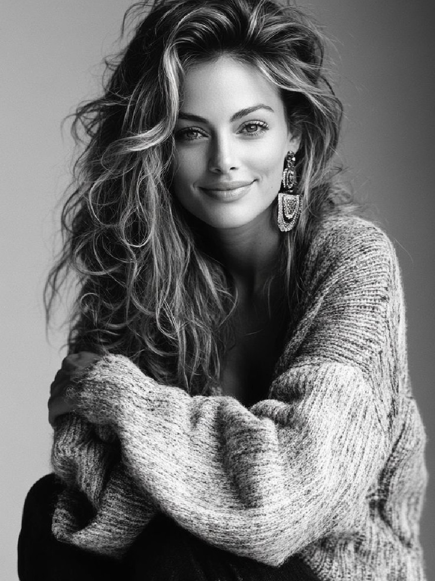 Русский промпт: Черно -белая фотография красивой женщины с длинными волнистыми волосами, в вязаном свитере. У нее теплая, привлекательная улыбка, и она смотрит прямо на камеру. Фон - простой, приглушенный серой цвет. У женщины есть уверенная и расслабленная поза. Освещение мягкое и естественное, подчеркивая ее черты. Изображение имеет профессиональное и вневременное чувство. | Original prompt: A black and white photograph of a beautiful woman with long, wavy hair, wearing a knitted sweater. She has a warm, inviting smile and is looking directly at the camera. The background is a simple, muted gray color. The woman has a confident and relaxed posture. The lighting is soft and natural, highlighting her features. The image has a professional and timeless feel.