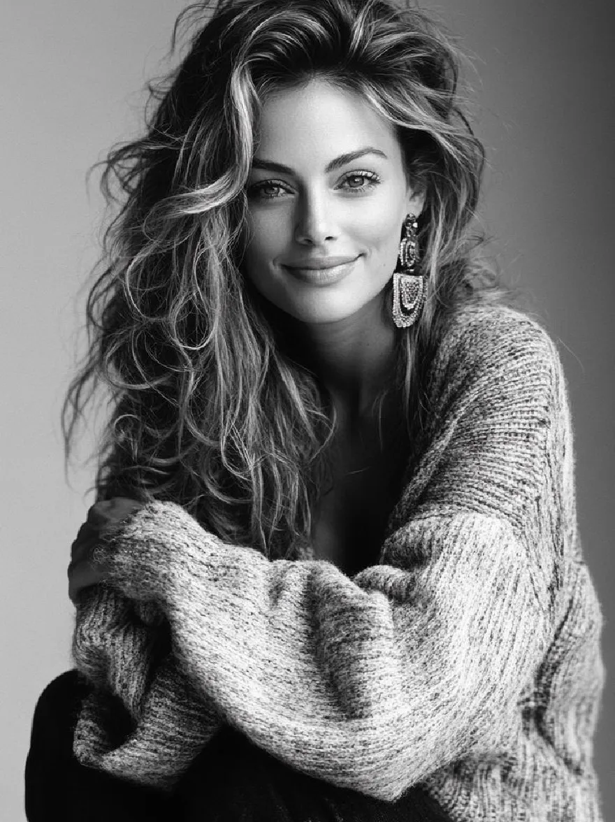 Русский промпт: Черно -белая фотография красивой женщины с длинными волнистыми волосами, в вязаном свитере. У нее теплая, привлекательная улыбка, и она смотрит прямо на камеру. Фон - простой, приглушенный серой цвет. У женщины есть уверенная и расслабленная поза. Освещение мягкое и естественное, подчеркивая ее черты. Изображение имеет профессиональное и вневременное чувство. | Original prompt: A black and white photograph of a beautiful woman with long, wavy hair, wearing a knitted sweater. She has a warm, inviting smile and is looking directly at the camera. The background is a simple, muted gray color. The woman has a confident and relaxed posture. The lighting is soft and natural, highlighting her features. The image has a professional and timeless feel.