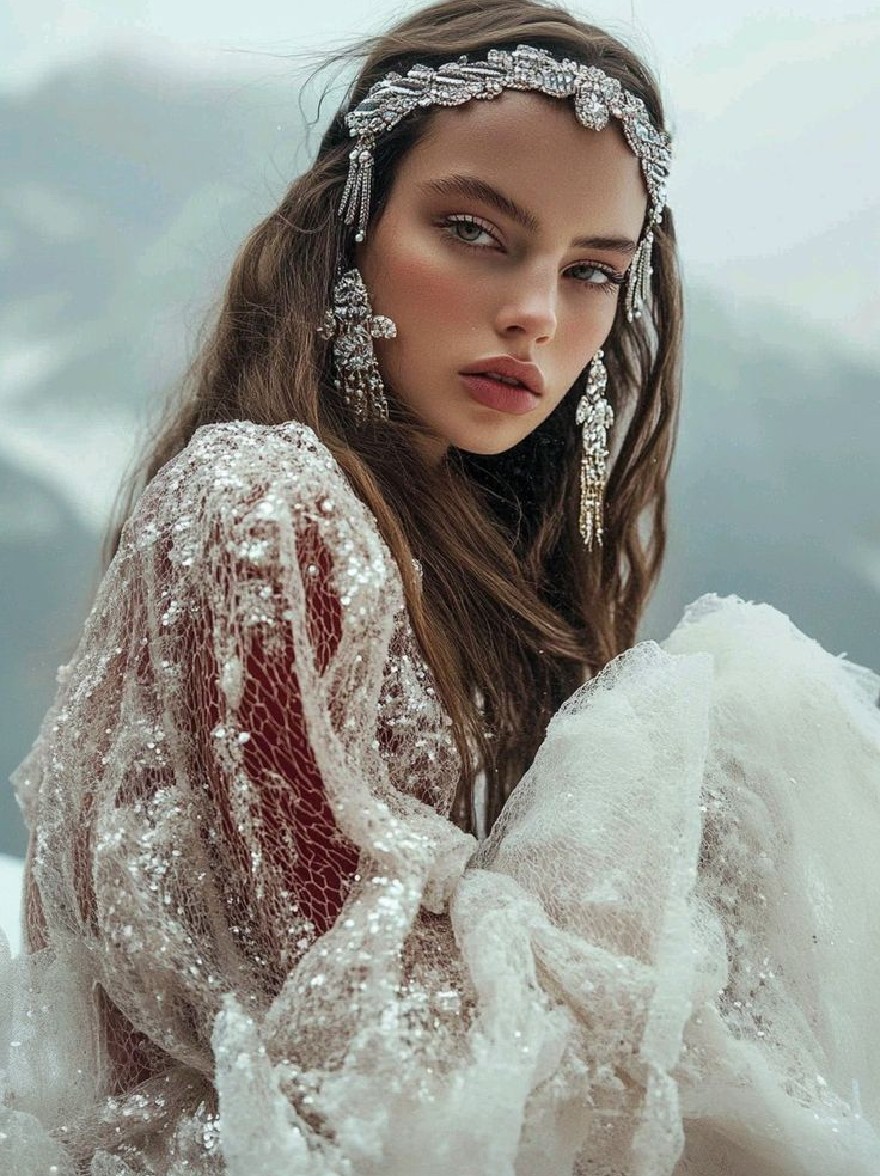Русский промпт: Фотография красивой женщины с длинными волнистыми коричневыми волосами, в серебряном головном уборе, украшенном кристаллами и свисающими серьгами. У нее есть честная кожа, и она смотрит прямо на камеру с серьезным выражением. На ней чистое белое платье с высоким вырезом и длинными рукавами. Фон размыт, с мягкой, мечтательной атмосферой. Освещение мягкое и естественное, подчеркивая ее нежные черты. Общее настроение романтичное и эфирное. | Original prompt: Photo of a beautiful woman with long, wavy brown hair, wearing a silver headpiece adorned with crystals and dangling earrings. She has fair skin and is looking directly at the camera with a serious expression. She is wearing a sheer, white dress with a high neckline and long sleeves. The background is blurred, with a soft, dreamy atmosphere. The lighting is soft and natural, highlighting her delicate features. The overall mood is romantic and ethereal.