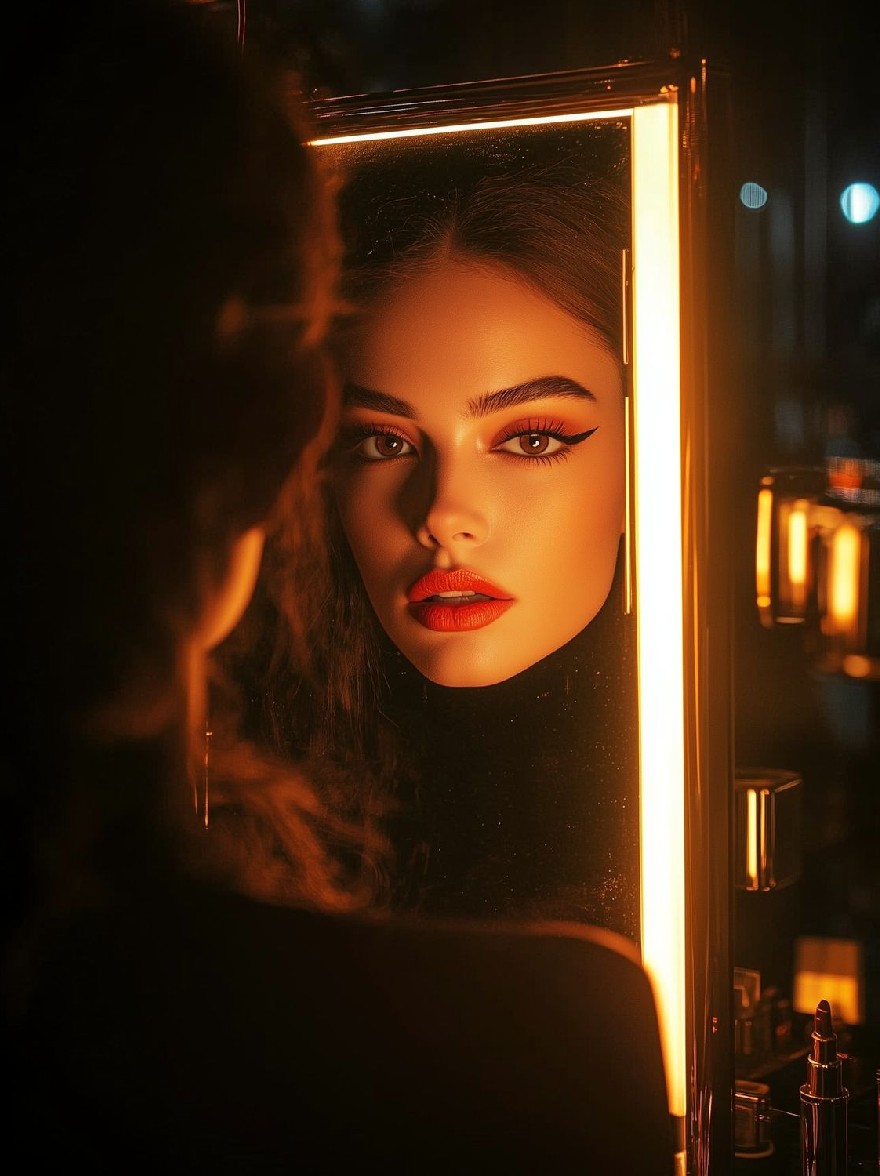 Русский промпт: Женщина с длинными волнистыми коричневыми волосами и драматической макияжем смотрит на себя в зеркале, освещенном теплым оранжевым светом. У нее нейтральное выражение и носит смелую красную помаду. Фон темный и размытый, с несколькими огнями, освещающими сцену. Женщина стоит перед зеркалом, с ее отражением, видимым в кадре. Освещение драматично, создавая капризную атмосферу. Изображение имеет высококачественный, фотореалистический стиль с акцентом на лицо и макияж женщины. | Original prompt: A woman with long, wavy brown hair and dramatic makeup looks at herself in a mirror, illuminated by a warm, orange light. She has a neutral expression and is wearing bold red lipstick. The background is dark and blurred, with a few lights illuminating the scene. The woman is standing in front of the mirror, with her reflection visible in the frame. The lighting is dramatic, creating a moody atmosphere. The image has a high-quality, photorealistic style with a focus on the woman's face and makeup.