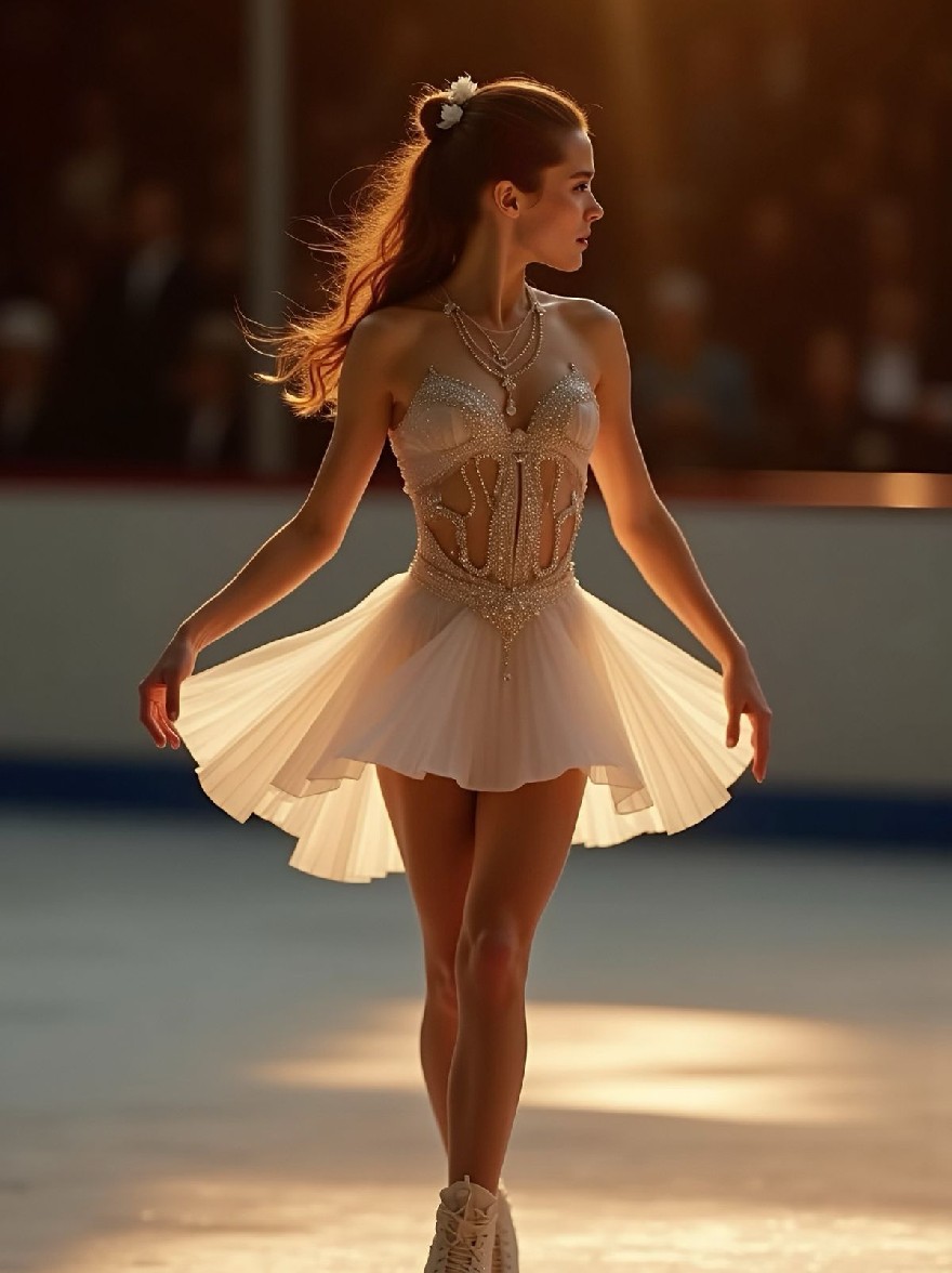 Русский промпт: Фотография молодой женщины, фигурирующего катание на катке на закате, в белом, блестящем платье со сложным бисером и юбкой из тюля. У нее длинные, текущие коричневые волосы, приготовленные в аккуратном прическе с маленьким белым цветом, прикрепленным к нему. Освещение теплое и мягкое, набрав золотое сияние на ее фигуре. Фон размыт, со зрителями на расстоянии. Женщина находится в центре рамы, обращенной от камеры, и ее тело слегка повернулось в сторону. На ногах она носит белые ледяные коньки. Общее настроение элегантно и грациозно. | Original prompt: Photo of a young woman figure skating on an ice rink at sunset, wearing a white, sparkling dress with intricate beading and a tulle skirt. She has long, flowing brown hair styled in a neat updo with a small white flower pinned to it. The lighting is warm and soft, casting a golden glow on her figure. The background is blurred, with spectators in the distance. The woman is in the center of the frame, facing away from the camera, with her body slightly turned to the side. She is wearing white ice skates on her feet. The overall mood is elegant and graceful.