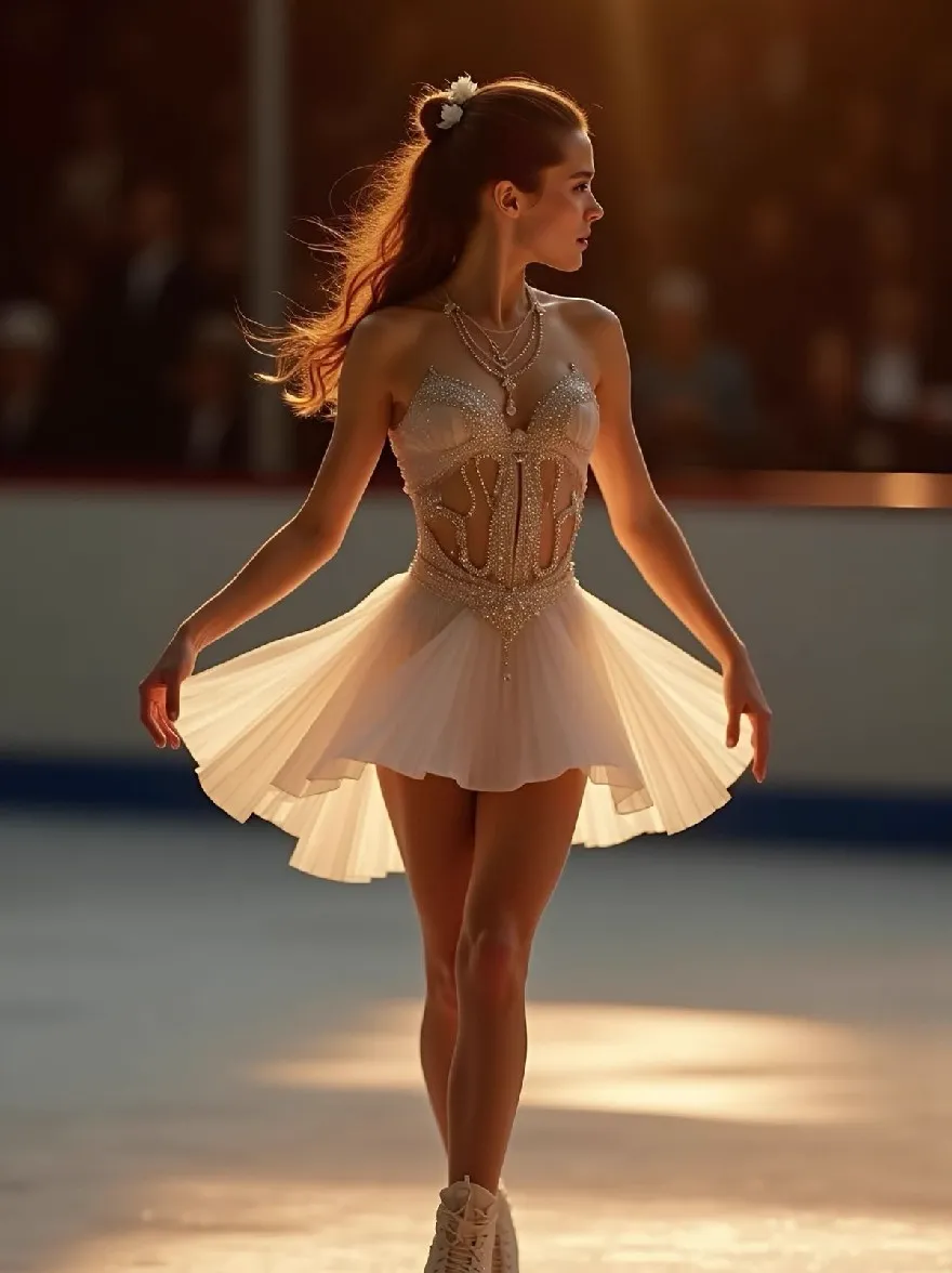 Русский промпт: Фотография молодой женщины, фигурирующего катание на катке на закате, в белом, блестящем платье со сложным бисером и юбкой из тюля. У нее длинные, текущие коричневые волосы, приготовленные в аккуратном прическе с маленьким белым цветом, прикрепленным к нему. Освещение теплое и мягкое, набрав золотое сияние на ее фигуре. Фон размыт, со зрителями на расстоянии. Женщина находится в центре рамы, обращенной от камеры, и ее тело слегка повернулось в сторону. На ногах она носит белые ледяные коньки. Общее настроение элегантно и грациозно. | Original prompt: Photo of a young woman figure skating on an ice rink at sunset, wearing a white, sparkling dress with intricate beading and a tulle skirt. She has long, flowing brown hair styled in a neat updo with a small white flower pinned to it. The lighting is warm and soft, casting a golden glow on her figure. The background is blurred, with spectators in the distance. The woman is in the center of the frame, facing away from the camera, with her body slightly turned to the side. She is wearing white ice skates on her feet. The overall mood is elegant and graceful.