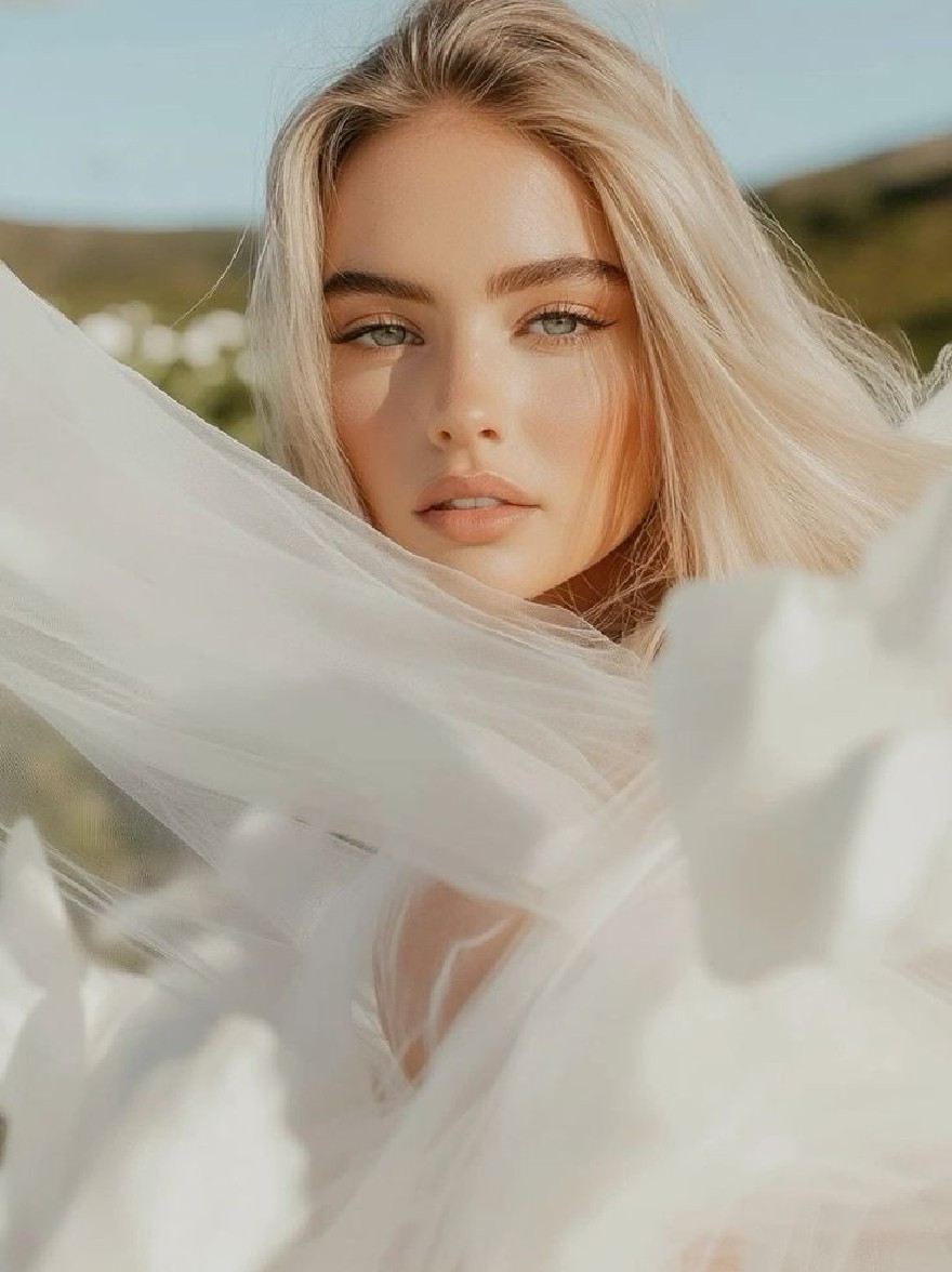 Русский промпт: Фотография красивой молодой женщины с длинными, прямыми светлыми светлыми волосами и честной кожей, одетый в чистое белое платье, которое дует на ветру. У нее безмятежное выражение и смотрит прямо на камеру. Фон размыт, но кажется, что это солнечный день с ясным синим небом. Освещение мягкое и естественное, создавая мечтательную атмосферу. Женщина расположена в центре рамы, с фоном слегка вне фокуса. Изображение имеет мягкое, мечтательное качество с акцентом на лицо женщине и текстуру платья. | Original prompt: Photo of a beautiful young woman with long, straight, light blonde hair and fair skin, wearing a sheer white dress that is blowing in the wind. She has a serene expression and is looking directly at the camera. The background is blurred, but it appears to be a sunny day with a clear blue sky. The lighting is soft and natural, creating a dreamy atmosphere. The woman is positioned in the center of the frame, with the background slightly out of focus. The image has a soft, dreamy quality with a focus on the woman's face and the texture of the dress.