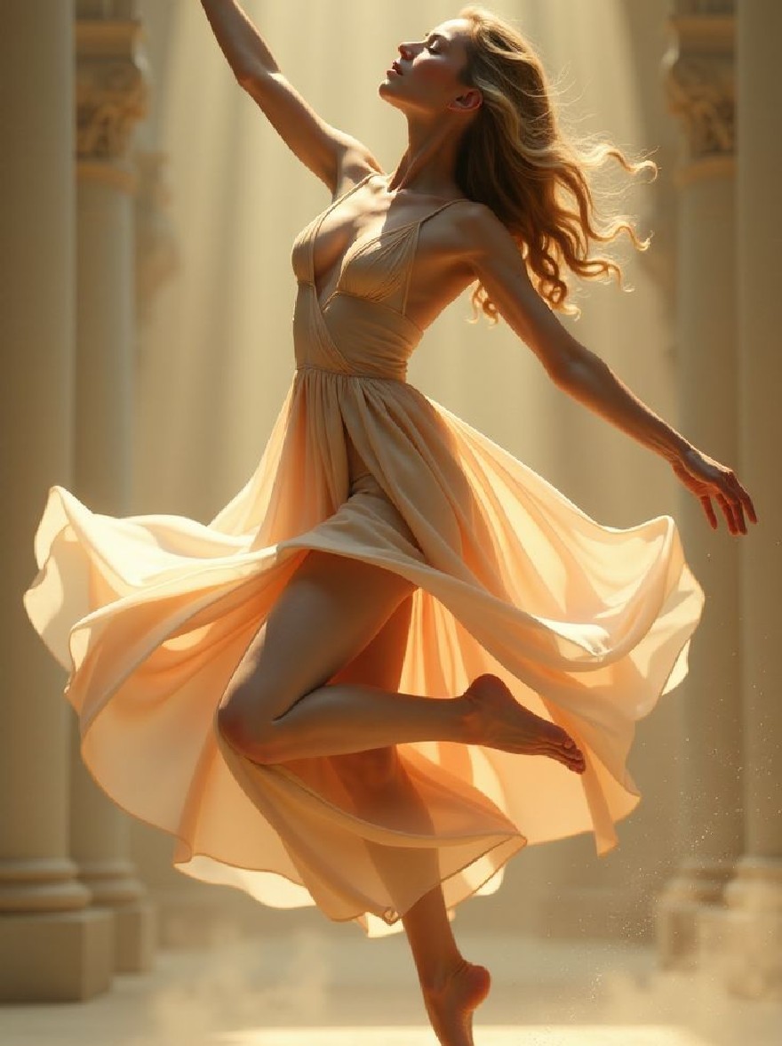 Русский промпт: Красивая женщина с длинными волнистыми коричневыми волосами, одетая в плавное, светло -розовое платье, которое доходит до ее лодыжек. Она изящно танцует в великом, богато украшенном здании с высокими белыми колоннами. Освещение мягкое и теплое, создавая безмятежную атмосферу. У женщины тонкое телосложение и честная кожа. Платье имеет глубокий V-образный вырез и тонкие ремни, которые подчеркивают ее изгибы. Фон размыт, что позволяет фокусировке оставаться на женщине и ее движениях. Изображение имеет мечтательное, эфирное качество. | Original prompt: A beautiful woman with long, wavy brown hair, wearing a flowing, light pink dress that reaches down to her ankles. She is gracefully dancing in a grand, ornate building with tall, white columns. The lighting is soft and warm, creating a serene atmosphere. The woman has a slender physique and fair skin. The dress has a deep V-neckline and thin straps that accentuate her curves. The background is blurred, allowing the focus to remain on the woman and her movements. The image has a dreamy, ethereal quality to it.