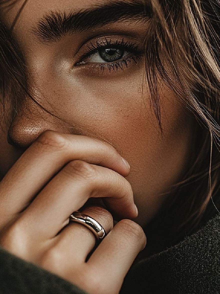 Русский промпт: Крупным планом фотографии молодой женщины с честной кожей и длинными прямыми коричневыми волосами, одетая серебряным кольцом на левой руке. У нее серьезное выражение, а ее рука опирается на подбородок. Освещение мягкое и естественное, подчеркивая ее нежные черты и текстуру ее кожи. Фон размыт, что позволяет фокусировке оставаться на ее лице и кольце. Общее настроение мрачно и созерцает. | Original prompt: A close-up photograph of a young woman with fair skin and long, straight brown hair, wearing a silver ring on her left hand. She has a serious expression, with her hand resting on her chin. The lighting is soft and natural, highlighting her delicate features and the texture of her skin. The background is blurred, allowing the focus to remain on her face and the ring. The overall mood is somber and contemplative.