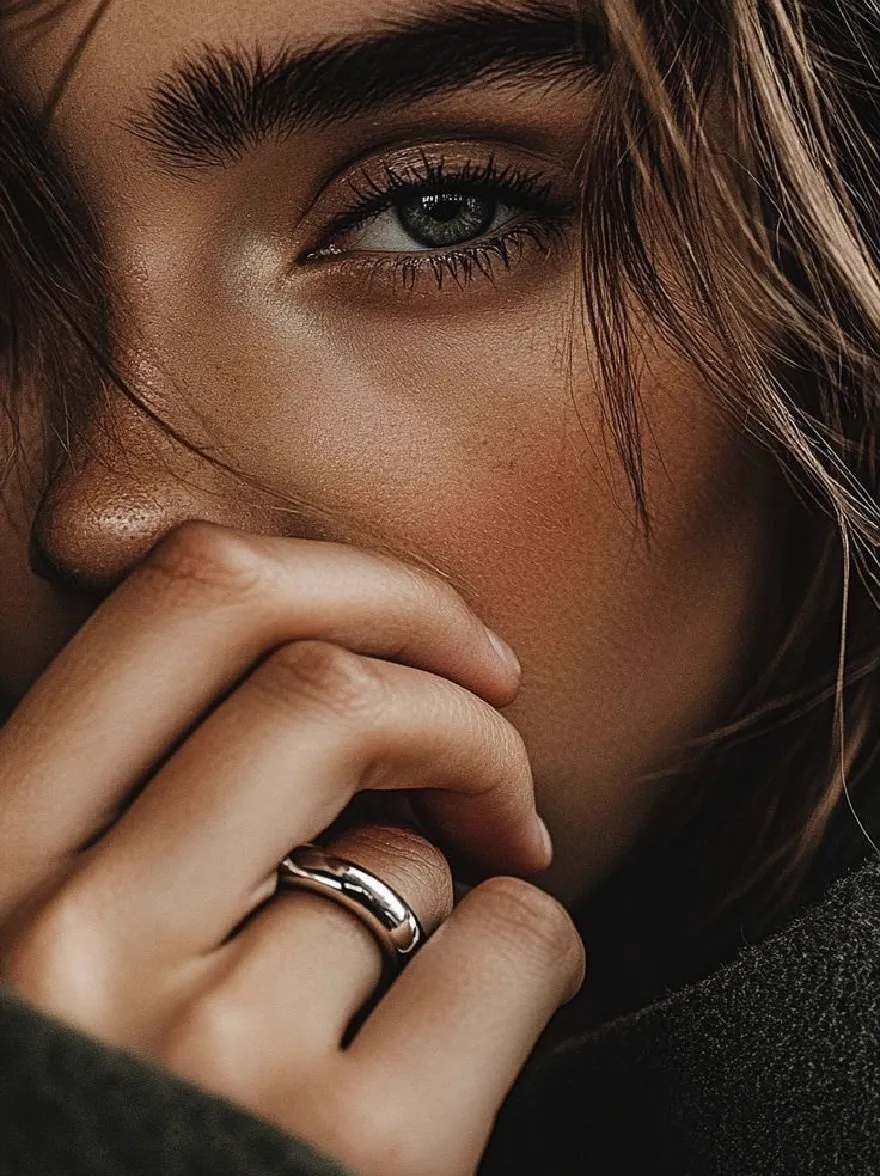 Русский промпт: Крупным планом фотографии молодой женщины с честной кожей и длинными прямыми коричневыми волосами, одетая серебряным кольцом на левой руке. У нее серьезное выражение, а ее рука опирается на подбородок. Освещение мягкое и естественное, подчеркивая ее нежные черты и текстуру ее кожи. Фон размыт, что позволяет фокусировке оставаться на ее лице и кольце. Общее настроение мрачно и созерцает. | Original prompt: A close-up photograph of a young woman with fair skin and long, straight brown hair, wearing a silver ring on her left hand. She has a serious expression, with her hand resting on her chin. The lighting is soft and natural, highlighting her delicate features and the texture of her skin. The background is blurred, allowing the focus to remain on her face and the ring. The overall mood is somber and contemplative.