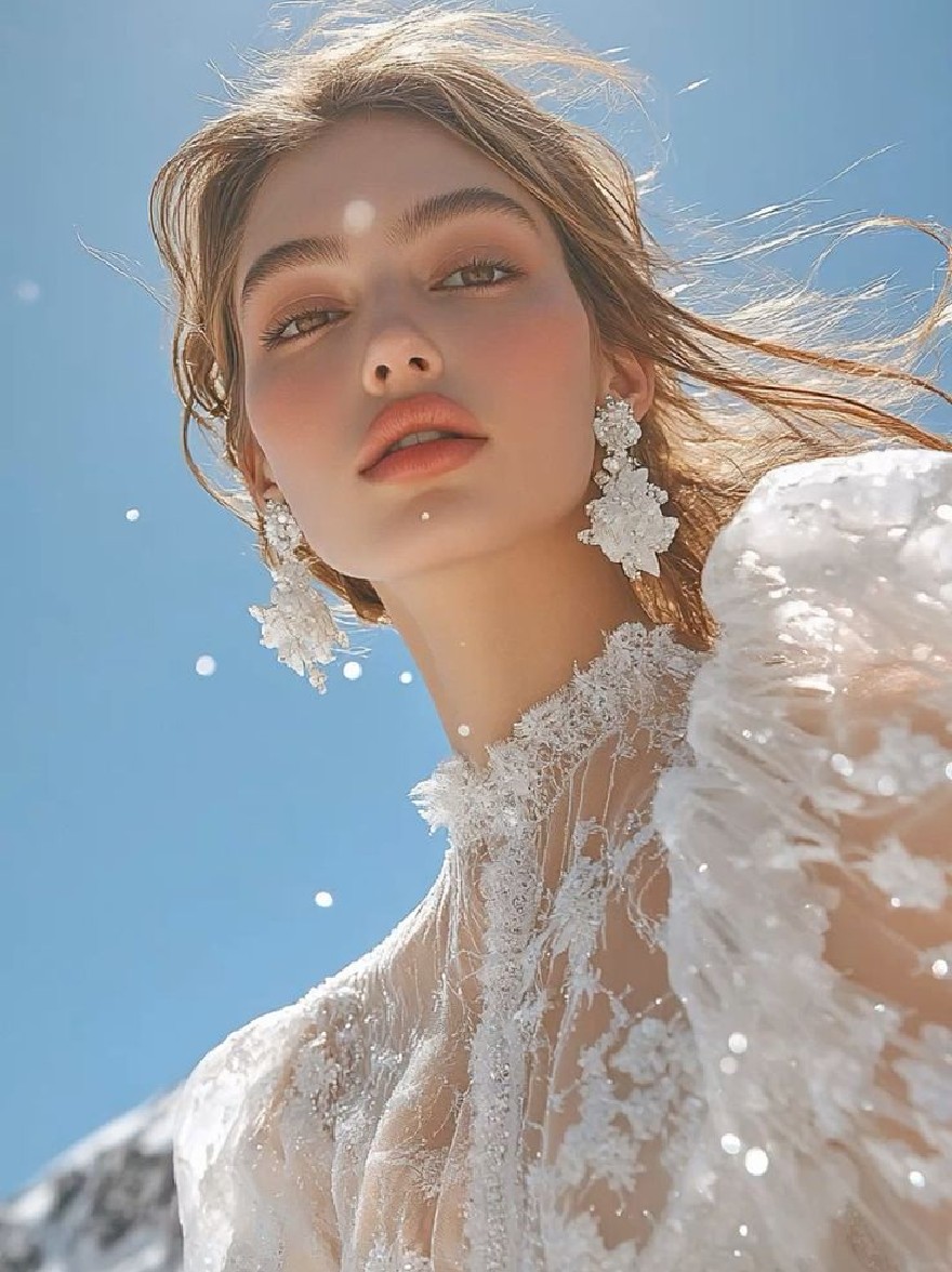 Русский промпт: Фотография молодой женщины с легкой кожей и длинными волнистыми каштановыми волосами, одетая в чистое белое платье со сложной кружевной детализацией. У нее безмятежное выражение и смотрит прямо на камеру. Фон - ярко -голубое небо с несколькими белыми облаками. Освещение мягкое и естественное, подчеркивая ее нежные черты. Изображение имеет мечтательное, эфирное качество. Женщина расположена в центре рамы, а фон слегка размыт. Общее настроение мирное и безмятежное. | Original prompt: Photo of a young woman with light skin and long, wavy brown hair, wearing a sheer, white dress with intricate lace detailing. She has a serene expression and is looking directly at the camera. The background is a bright blue sky with a few white clouds. The lighting is soft and natural, highlighting her delicate features. The image has a dreamy, ethereal quality. The woman is positioned in the center of the frame, with the background slightly blurred. The overall mood is peaceful and serene.