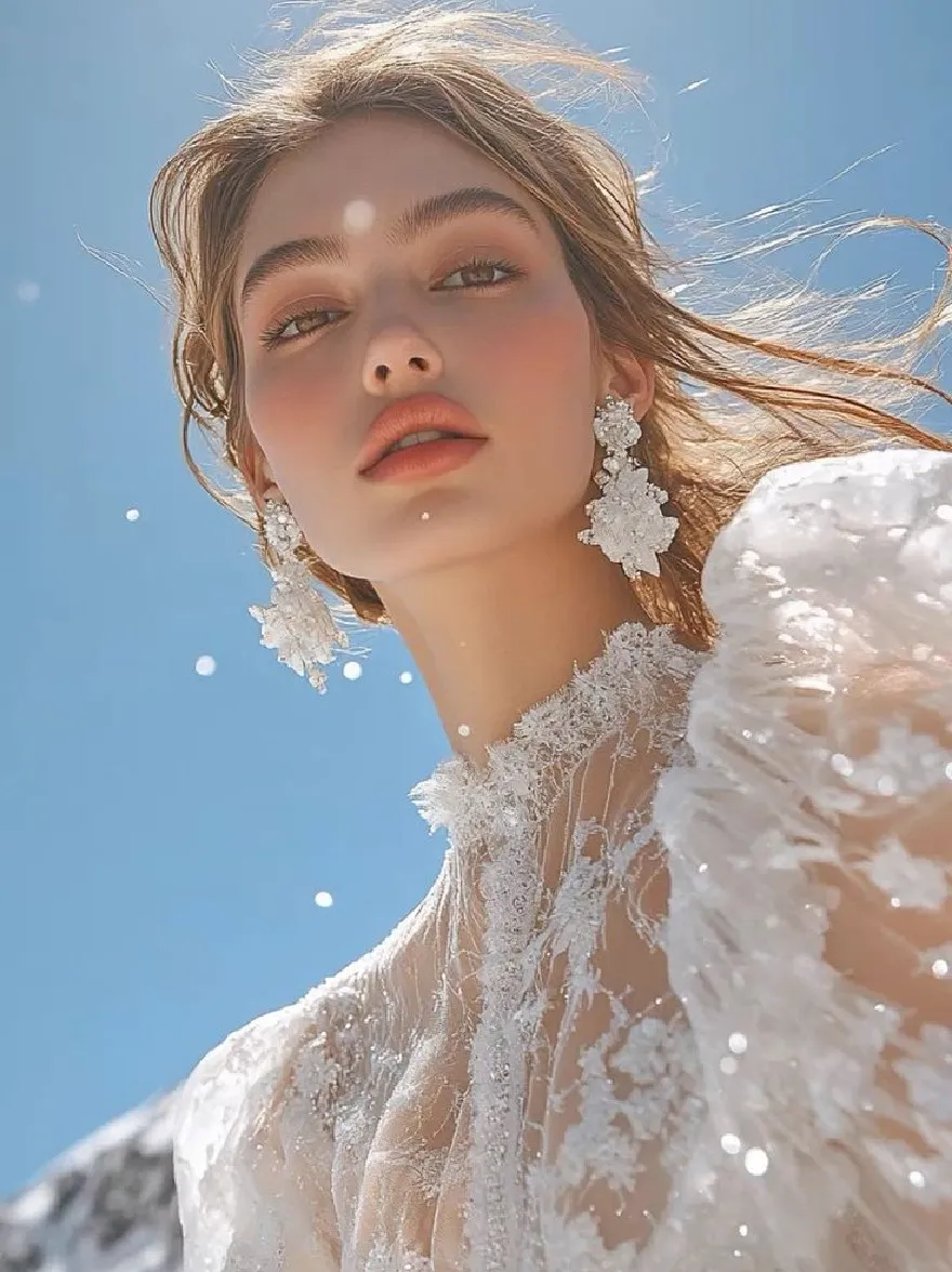 Русский промпт: Фотография молодой женщины с легкой кожей и длинными волнистыми каштановыми волосами, одетая в чистое белое платье со сложной кружевной детализацией. У нее безмятежное выражение и смотрит прямо на камеру. Фон - ярко -голубое небо с несколькими белыми облаками. Освещение мягкое и естественное, подчеркивая ее нежные черты. Изображение имеет мечтательное, эфирное качество. Женщина расположена в центре рамы, а фон слегка размыт. Общее настроение мирное и безмятежное. | Original prompt: Photo of a young woman with light skin and long, wavy brown hair, wearing a sheer, white dress with intricate lace detailing. She has a serene expression and is looking directly at the camera. The background is a bright blue sky with a few white clouds. The lighting is soft and natural, highlighting her delicate features. The image has a dreamy, ethereal quality. The woman is positioned in the center of the frame, with the background slightly blurred. The overall mood is peaceful and serene.