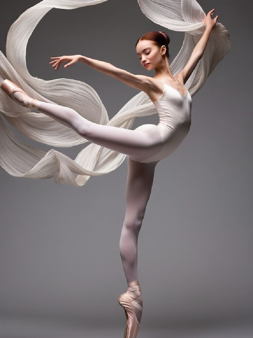 Русский промпт: Фотография молодой балерины в изящной позе, одетый в узкий белый купальник и пуант -туфли. У нее длинные, текущие белые волосы, которые каскаки спускаются вниз по ее спине, и ее изящные движения подчеркиваются мягким освещением. Фон - простой серый, что позволяет фокусировке оставаться на танцоре. Танцор имеет безмятежное выражение, с закрытыми глазами, а руки вытянулись на боковые стороны. Освещение мягкое и равномерное, подчеркивая ее нежные черты. Общее настроение элегантно и утончено. | Original prompt: Photo of a young ballerina in a graceful pose, wearing a tight white leotard and pointe shoes. She has long, flowing white hair that cascades down her back, and her graceful movements are highlighted by the soft lighting. The background is a plain grey, allowing the focus to remain on the dancer. The dancer has a serene expression, with her eyes closed and her arms stretched out to the sides. The lighting is soft and even, highlighting her delicate features. The overall mood is elegant and sophisticated.