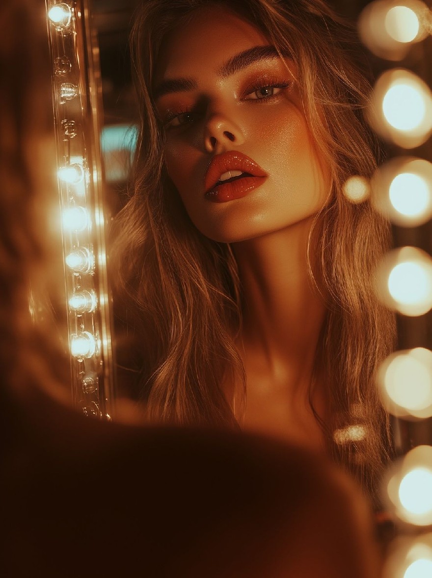 Русский промпт: Фото красивой женщины с длинными волнистыми коричневыми волосами, честной кожей и красной помадой. Она смотрит прямо на камеру с знойным выражением. Освещение мягкое и теплое, создавая драматический эффект. Фон размыт, но, кажется, это тускло освещенная комната с зеркалом, отражающим ее лицо. Изображение имеет высококачественное, профессиональное чувство. Женщина является основным предметом, расположенным в центре кадра. | Original prompt: Photo of a beautiful woman with long, wavy brown hair, fair skin, and red lipstick. She is looking directly at the camera with a sultry expression. The lighting is soft and warm, creating a dramatic effect. The background is blurred, but it appears to be a dimly lit room with a mirror reflecting her face. The image has a high-quality, professional feel. The woman is the main subject, positioned in the center of the frame.