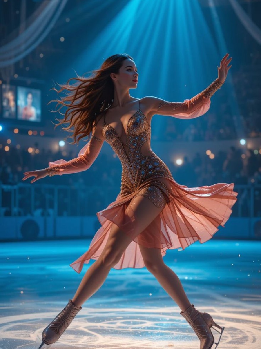 Русский промпт: Фотография красивой женщины на коньках на катке с потрясающим золотым и розовым платьем с блестками с длинными рукавами и погружением в вырез, в сочетании с серебряными ледяными коньками. У нее длинные, текущие каштановые волосы, и она изящно скользит по льду, ее руки вытянуты, когда она выступает. Фон размыт, с толпой зрителей и большим экраном, демонстрирующим изображение женщины. Освещение драматичное, с синими лучами света, сияющими на ней. Изображение имеет мечтательное, эфирное качество. | Original prompt: Photo of a beautiful woman ice skating on an ice rink, wearing a stunning gold and pink sequined dress with long sleeves and a plunging neckline, paired with silver ice skates. She has long, flowing brown hair and is gracefully gliding across the ice, her arms outstretched as she performs. The background is blurred, with a crowd of spectators and a large screen displaying an image of a woman. The lighting is dramatic, with blue rays of light shining down on her. The image has a dreamy, ethereal quality.