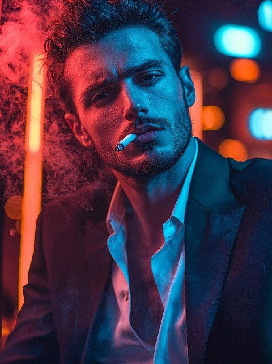 Русский промпт: Мужчина с вьющимися волосами и бородой, одетый в черный пиджак на белой рубашке, сидя в тускло освещенной комнате с красочными неоновыми огнями. У него серьезное выражение и курит сигарету. Освещение драматичное, с синими и красными оттенками создают капризную атмосферу. Человек расположен в центре изображения, а фон размыт. Изображение имеет высококачественный, профессиональный вид. | Original prompt: A man with curly hair and a beard, wearing a black blazer over a white shirt, sitting in a dimly lit room with colorful neon lights. He has a serious expression and is smoking a cigarette. The lighting is dramatic, with blue and red hues creating a moody atmosphere. The man is positioned in the center of the image, with the background blurred out. The image has a high-quality, professional look.