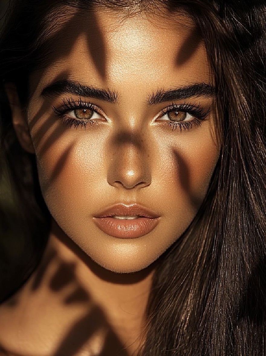Русский промпт: Крупным планом фотографии красивой женщины с длинными, прямыми темно-коричневыми волосами. У нее есть честная кожа, большая, выразительные карие глаза и сильная линия челюсти. Ее губы слегка расстались, показывая тонкий намек на ее коричневую помаду. Освещение мягкое и теплое, бросает тени на ее лице и подчеркивает ее черты. Фон размыт, что позволяет фокусировке оставаться на лице женщины и верхней части тела. Общее настроение утончено и очаровательно. Изображение имеет высококачественный, профессиональный вид с акцентом на естественную красоту и элегантность. | Original prompt: A close-up photograph of a beautiful woman with long, straight, dark brown hair. She has fair skin, large, expressive brown eyes, and a strong jawline. Her lips are slightly parted, revealing a subtle hint of her brown lipstick. The lighting is soft and warm, casting shadows on her face and highlighting her features. The background is blurred, allowing the focus to remain on the woman's face and upper body. The overall mood is sophisticated and captivating. The image has a high-quality, professional look with a focus on natural beauty and elegance.