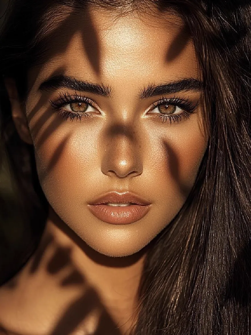 Русский промпт: Крупным планом фотографии красивой женщины с длинными, прямыми темно-коричневыми волосами. У нее есть честная кожа, большая, выразительные карие глаза и сильная линия челюсти. Ее губы слегка расстались, показывая тонкий намек на ее коричневую помаду. Освещение мягкое и теплое, бросает тени на ее лице и подчеркивает ее черты. Фон размыт, что позволяет фокусировке оставаться на лице женщины и верхней части тела. Общее настроение утончено и очаровательно. Изображение имеет высококачественный, профессиональный вид с акцентом на естественную красоту и элегантность. | Original prompt: A close-up photograph of a beautiful woman with long, straight, dark brown hair. She has fair skin, large, expressive brown eyes, and a strong jawline. Her lips are slightly parted, revealing a subtle hint of her brown lipstick. The lighting is soft and warm, casting shadows on her face and highlighting her features. The background is blurred, allowing the focus to remain on the woman's face and upper body. The overall mood is sophisticated and captivating. The image has a high-quality, professional look with a focus on natural beauty and elegance.