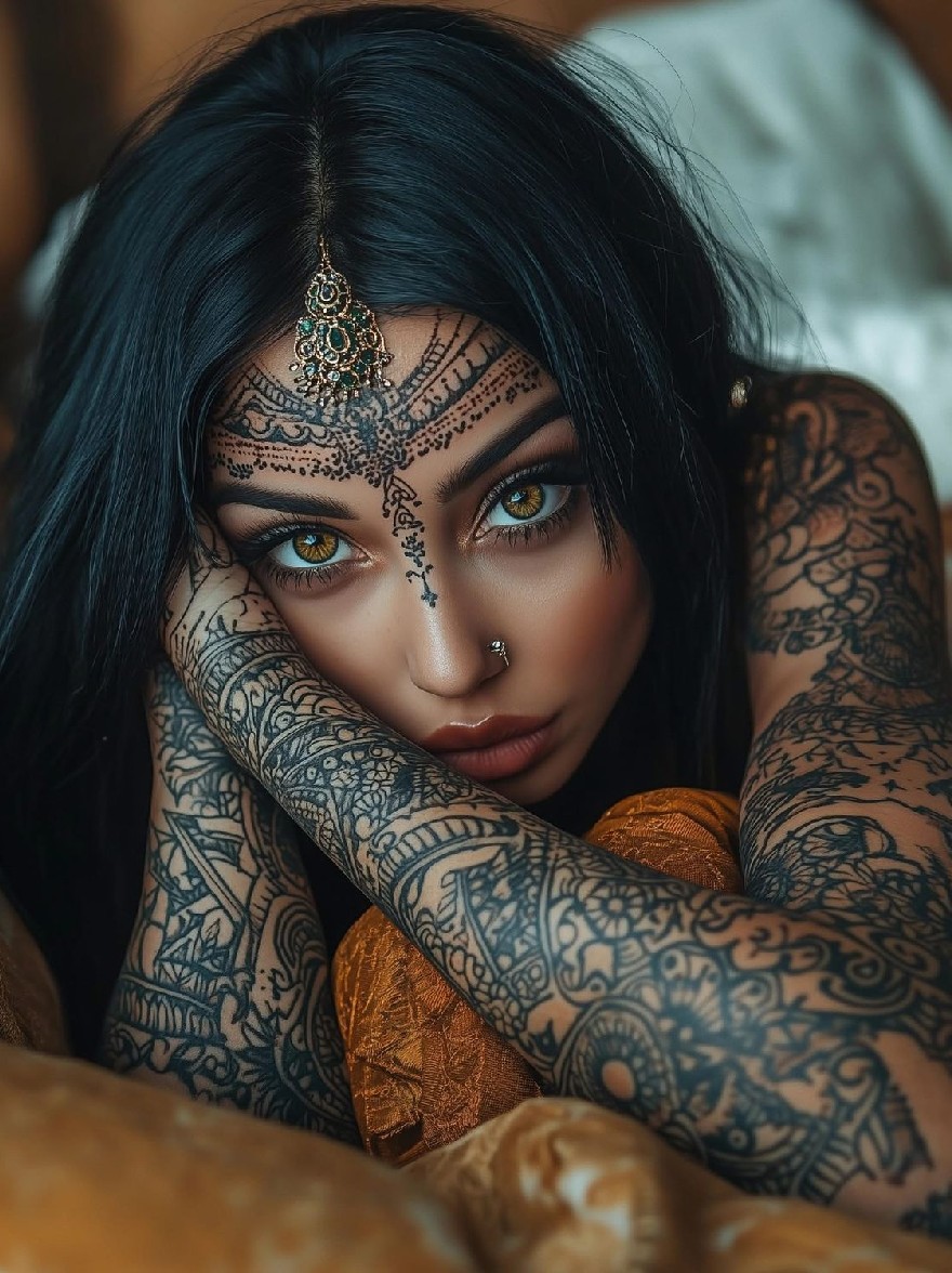 Русский промпт: Крупным планом фотографии молодой женщины с темной кожей и длинными прямыми черными волосами, украшенной замысловатыми татуировками хны на лице и руках. У нее серьезное выражение, глядя прямо на камеру. Фон размыт, но, кажется, это крытая обстановка с мягким, теплым освещением. Женщина носит золотой головной убор и имеет пирсинг перегородки на правой щеке. Конструкции хны детализированы и сложны, с различными формами и узорами. Общее настроение мрачно и созерцает. | Original prompt: A close-up photograph of a young woman with dark skin and long, straight black hair, adorned with intricate henna tattoos on her face and arms. She has a serious expression, looking directly at the camera. The background is blurred, but it appears to be an indoor setting with soft, warm lighting. The woman is wearing a gold headpiece and has a septum piercing on her right cheek. The henna designs are detailed and intricate, with a variety of shapes and patterns. The overall mood is somber and contemplative.