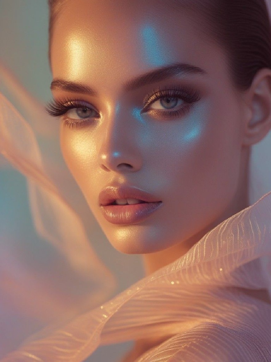 Русский промпт: Фото красивой женщины с честной кожей, голубыми глазами и длинными ресницами. У нее безмятежное выражение, и она носит чистую, светло -розовую ткань, накинутую вокруг ее плеч. Фон размыта, с мягкой пастельной цветовой палитрой. Освещение мягкое и теплое, подчеркивая ее черты. Изображение имеет мечтательное, эфирное качество. Женщина является центром изображения. | Original prompt: Photo of a beautiful woman with fair skin, blue eyes, and long eyelashes. She has a serene expression and is wearing a sheer, light pink fabric draped around her shoulders. The background is blurred, with a soft, pastel color palette. The lighting is soft and warm, highlighting her features. The image has a dreamy, ethereal quality. The woman is the focal point of the image.