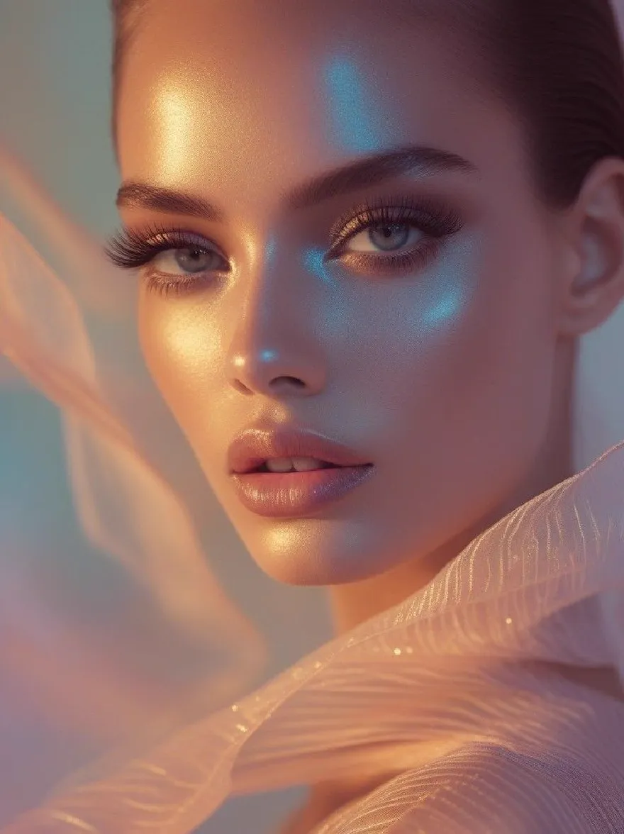 Русский промпт: Фото красивой женщины с честной кожей, голубыми глазами и длинными ресницами. У нее безмятежное выражение, и она носит чистую, светло -розовую ткань, накинутую вокруг ее плеч. Фон размыта, с мягкой пастельной цветовой палитрой. Освещение мягкое и теплое, подчеркивая ее черты. Изображение имеет мечтательное, эфирное качество. Женщина является центром изображения. | Original prompt: Photo of a beautiful woman with fair skin, blue eyes, and long eyelashes. She has a serene expression and is wearing a sheer, light pink fabric draped around her shoulders. The background is blurred, with a soft, pastel color palette. The lighting is soft and warm, highlighting her features. The image has a dreamy, ethereal quality. The woman is the focal point of the image.