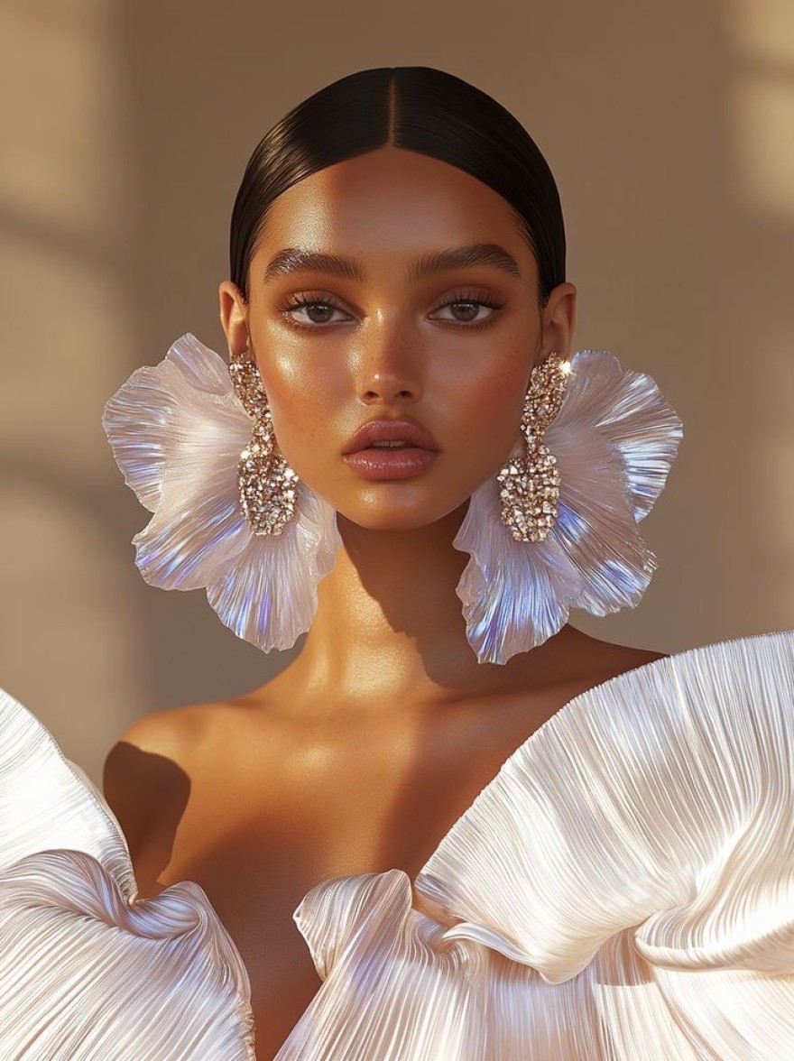 Русский промпт: Крупнейший каталлог промптов для нейросетей MidJourney, Stable Duffusion, Flux, Imagen, Sora и др... | Original prompt: Portrait of a young woman with perfectly sleek, dark hair pulled back. She has glowing, radiant skin, glossy lips, defined brows, and a fashion-forward makeup look. She wears extremely large, statement earrings in a fantasy floral style: the base is encrusted with sparkling gemstones, flowing into enormous, wavy, iridescent petal-like forms that extend almost as wide as her face, reaching her chin, creating a dramatic and luxurious effect. Her outfit matches the earrings, featuring a sculptural, voluminous blouse made of shimmering pleated or organza fabric in white or silver tones, with similar wavy and reflective textures. Soft natural lighting, elegant pastel background, overall high fashion and sophisticated vibe.