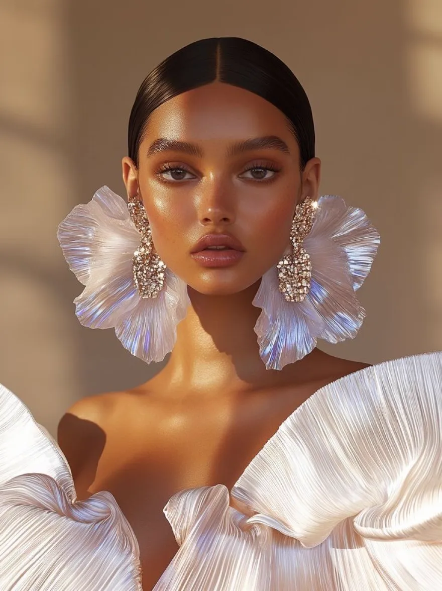 Русский промпт: Крупнейший каталлог промптов для нейросетей MidJourney, Stable Duffusion, Flux, Imagen, Sora и др... | Original prompt: Portrait of a young woman with perfectly sleek, dark hair pulled back. She has glowing, radiant skin, glossy lips, defined brows, and a fashion-forward makeup look. She wears extremely large, statement earrings in a fantasy floral style: the base is encrusted with sparkling gemstones, flowing into enormous, wavy, iridescent petal-like forms that extend almost as wide as her face, reaching her chin, creating a dramatic and luxurious effect. Her outfit matches the earrings, featuring a sculptural, voluminous blouse made of shimmering pleated or organza fabric in white or silver tones, with similar wavy and reflective textures. Soft natural lighting, elegant pastel background, overall high fashion and sophisticated vibe.