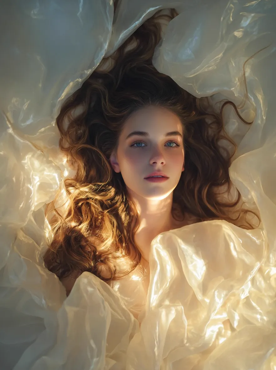 Русский промпт: Крупнейший каталлог промптов для нейросетей MidJourney, Stable Duffusion, Flux, Imagen, Sora и др... | Original prompt: Overhead shot, ethereal fashion portrait of a beautiful woman with long dark wavy hair, enveloped in a cloud of cascading, creamy off-white ruffled fabric. She is looking directly at the camera with a serene, intense gaze. Soft, diffused, painterly lighting. Ultra-detailed, photorealistic, delicate textures.