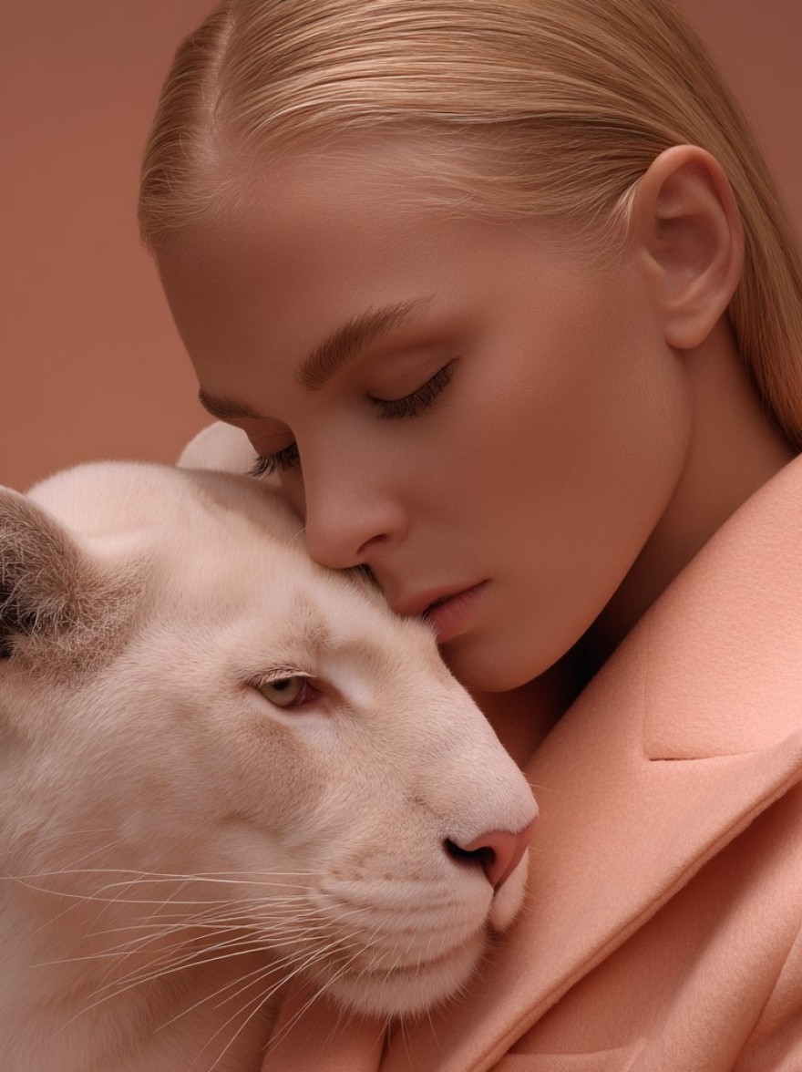 Русский промпт: Крупнейший каталлог промптов для нейросетей MidJourney, Stable Duffusion, Flux, Imagen, Sora и др... | Original prompt: Minimalist fashion portrait, a serene woman with slicked-back blonde hair and closed eyes, wearing a sculptural pastel peach coat, closely embraced by a calm white panther nuzzling her cheek. Soft, even lighting, warm monochrome background, smooth textures, elegant and tranquil atmosphere, medium close-up camera angle, high fashion editorial style