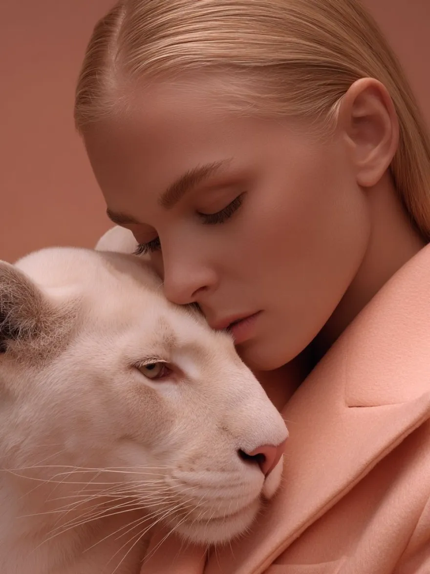 Русский промпт: Крупнейший каталлог промптов для нейросетей MidJourney, Stable Duffusion, Flux, Imagen, Sora и др... | Original prompt: Minimalist fashion portrait, a serene woman with slicked-back blonde hair and closed eyes, wearing a sculptural pastel peach coat, closely embraced by a calm white panther nuzzling her cheek. Soft, even lighting, warm monochrome background, smooth textures, elegant and tranquil atmosphere, medium close-up camera angle, high fashion editorial style