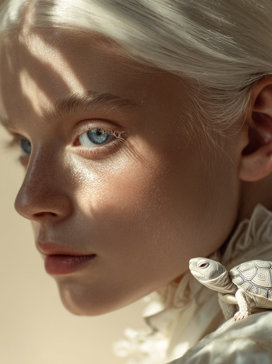 Русский промпт: Крупнейший каталлог промптов для нейросетей MidJourney, Stable Duffusion, Flux, Imagen, Sora и др... | Original prompt: Ultra-detailed fashion portrait of an ethereal albino woman with piercing blue eyes and slicked-back platinum hair, a small white turtle rests on her shoulder. Her skin is dewy and glossy, with dappled sunlight creating soft leaf shadows across her face. The background is a minimalist, warm beige. The atmosphere is serene and surreal, shot with a shallow depth of field.