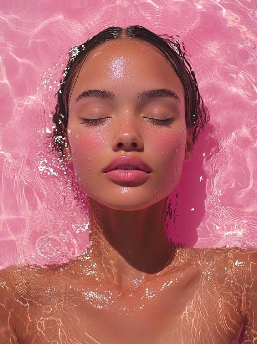 Русский промпт: Photo of a young woman with fair skin and dark hair, lying in a pool of pink water, her eyes closed, and a peaceful expression on her face. She has a slender physique and is partially submerged in the water. The lighting is soft and warm, creating a serene atmosphere. The background is a solid pink color, allowing the focus to remain on the woman's face and body. The image has a dreamy, ethereal quality to it. | Original prompt: Photo of a young woman with fair skin and dark hair, lying in a pool of pink water, her eyes closed, and a peaceful expression on her face. She has a slender physique and is partially submerged in the water. The lighting is soft and warm, creating a serene atmosphere. The background is a solid pink color, allowing the focus to remain on the woman's face and body. The image has a dreamy, ethereal quality to it.