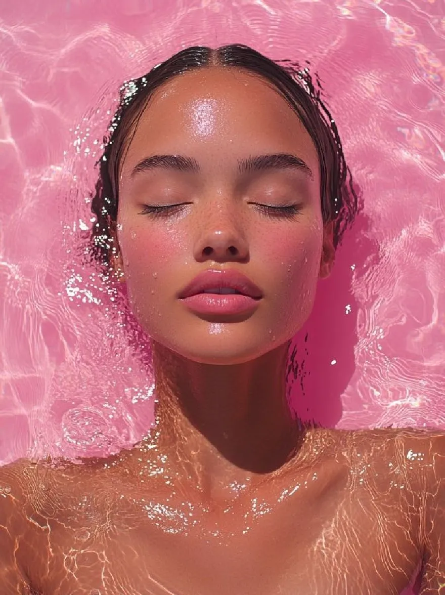 Русский промпт: Photo of a young woman with fair skin and dark hair, lying in a pool of pink water, her eyes closed, and a peaceful expression on her face. She has a slender physique and is partially submerged in the water. The lighting is soft and warm, creating a serene atmosphere. The background is a solid pink color, allowing the focus to remain on the woman's face and body. The image has a dreamy, ethereal quality to it. | Original prompt: Photo of a young woman with fair skin and dark hair, lying in a pool of pink water, her eyes closed, and a peaceful expression on her face. She has a slender physique and is partially submerged in the water. The lighting is soft and warm, creating a serene atmosphere. The background is a solid pink color, allowing the focus to remain on the woman's face and body. The image has a dreamy, ethereal quality to it.
