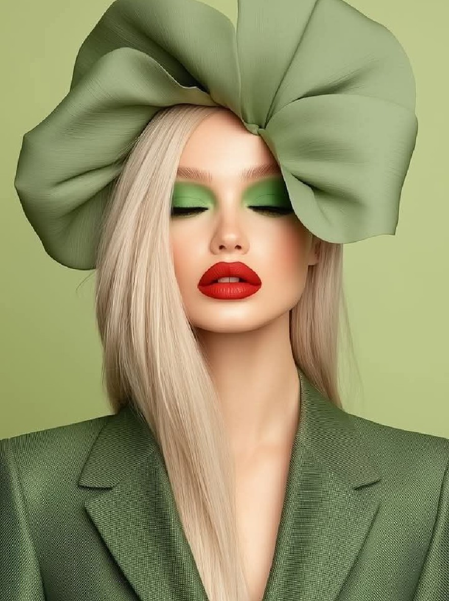 Русский промпт: Photo of a woman with long, straight, light blonde hair, wearing a large, light green headpiece with a large bow, and a matching green blazer. Her eyes are painted with bright green eyeshadow and red lipstick. She has a serious expression and is positioned in the center of the frame. The background is a solid, pastel green color. The lighting is soft and natural, highlighting her features. The image has a high-quality, professional feel with a focus on fashion and beauty. | Original prompt: Photo of a woman with long, straight, light blonde hair, wearing a large, light green headpiece with a large bow, and a matching green blazer. Her eyes are painted with bright green eyeshadow and red lipstick. She has a serious expression and is positioned in the center of the frame. The background is a solid, pastel green color. The lighting is soft and natural, highlighting her features. The image has a high-quality, professional feel with a focus on fashion and beauty.