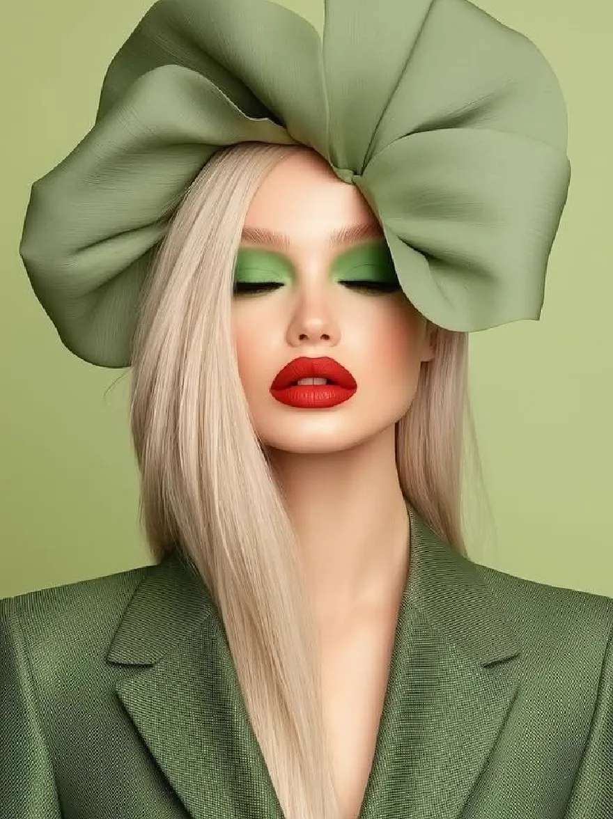 Русский промпт: Photo of a woman with long, straight, light blonde hair, wearing a large, light green headpiece with a large bow, and a matching green blazer. Her eyes are painted with bright green eyeshadow and red lipstick. She has a serious expression and is positioned in the center of the frame. The background is a solid, pastel green color. The lighting is soft and natural, highlighting her features. The image has a high-quality, professional feel with a focus on fashion and beauty. | Original prompt: Photo of a woman with long, straight, light blonde hair, wearing a large, light green headpiece with a large bow, and a matching green blazer. Her eyes are painted with bright green eyeshadow and red lipstick. She has a serious expression and is positioned in the center of the frame. The background is a solid, pastel green color. The lighting is soft and natural, highlighting her features. The image has a high-quality, professional feel with a focus on fashion and beauty.