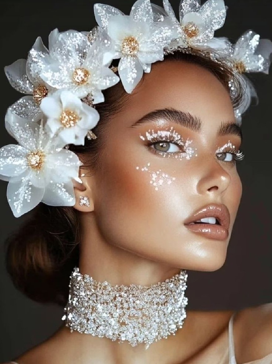 Русский промпт: Photo of a beautiful African-American woman with dark skin, wearing a white flower crown adorned with white flowers, a silver choker with sparkling rhinestones, and full lips. Her eyes are heavily lined with shimmering silver eyeliner, and her eyebrows are groomed and filled in. She has a serene expression and is looking directly at the camera. The background is a soft, muted grey. The lighting is soft and natural, highlighting her delicate features. The overall aesthetic is elegant and sophisticated. | Original prompt: Photo of a beautiful African-American woman with dark skin, wearing a white flower crown adorned with white flowers, a silver choker with sparkling rhinestones, and full lips. Her eyes are heavily lined with shimmering silver eyeliner, and her eyebrows are groomed and filled in. She has a serene expression and is looking directly at the camera. The background is a soft, muted grey. The lighting is soft and natural, highlighting her delicate features. The overall aesthetic is elegant and sophisticated.